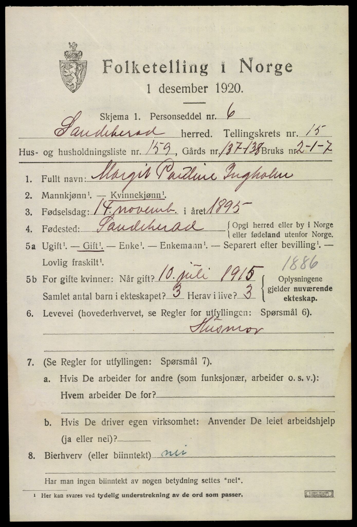 SAKO, Folketelling 1920 for 0724 Sandeherred herred, 1920, s. 24670