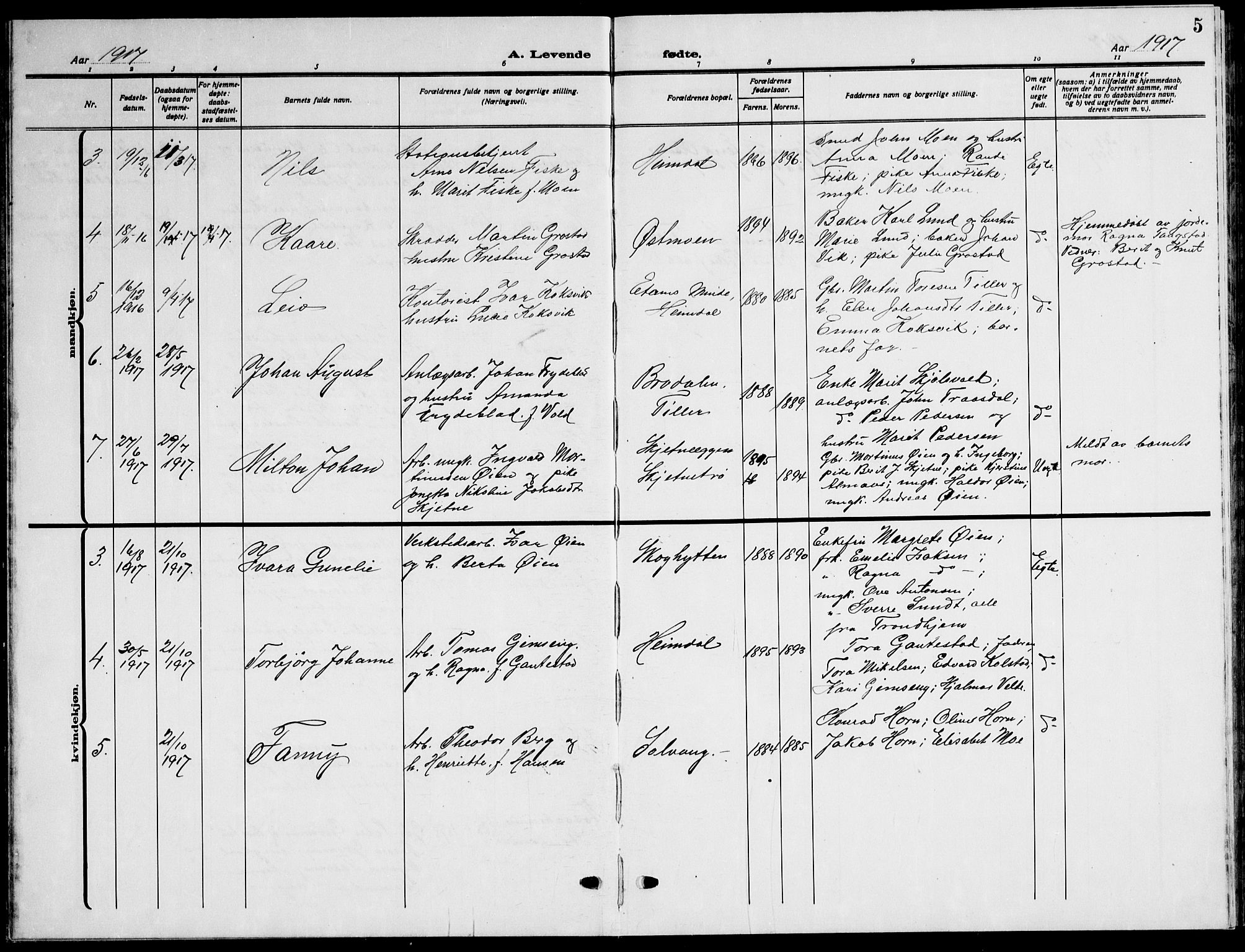 Ministerialprotokoller, klokkerbøker og fødselsregistre - Sør-Trøndelag, AV/SAT-A-1456/621/L0462: Klokkerbok nr. 621C05, 1915-1945, s. 5