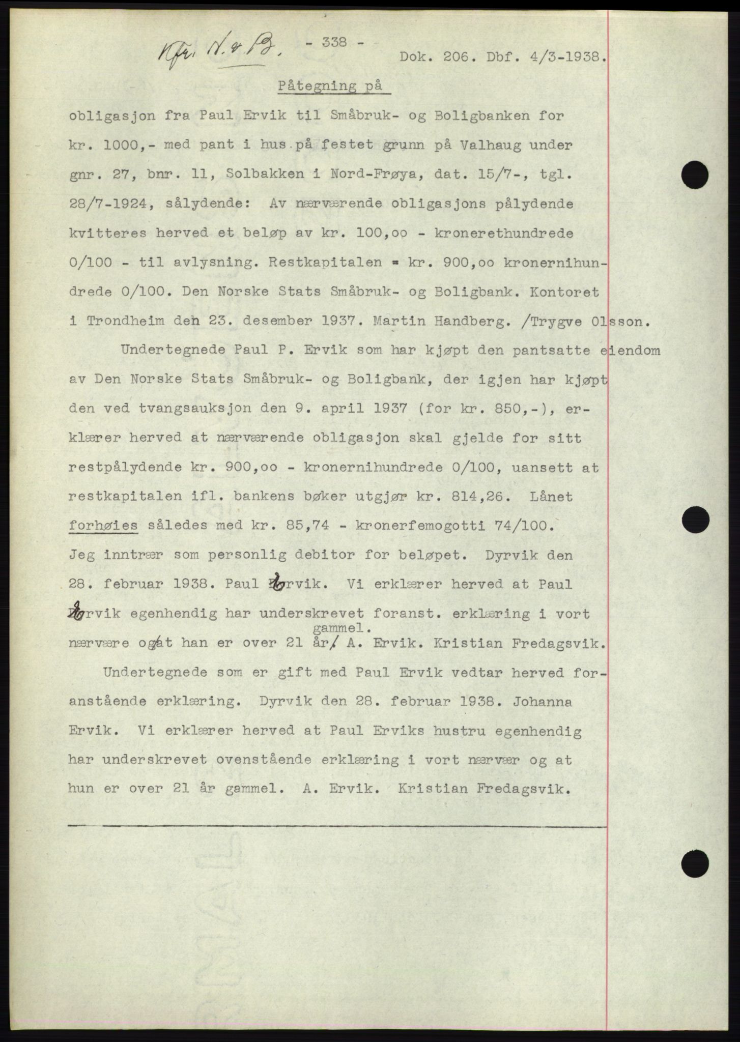 Hitra sorenskriveri, AV/SAT-A-0018/2/2C/2Ca: Pantebok nr. C1, 1936-1945, Dagboknr: 206/1938