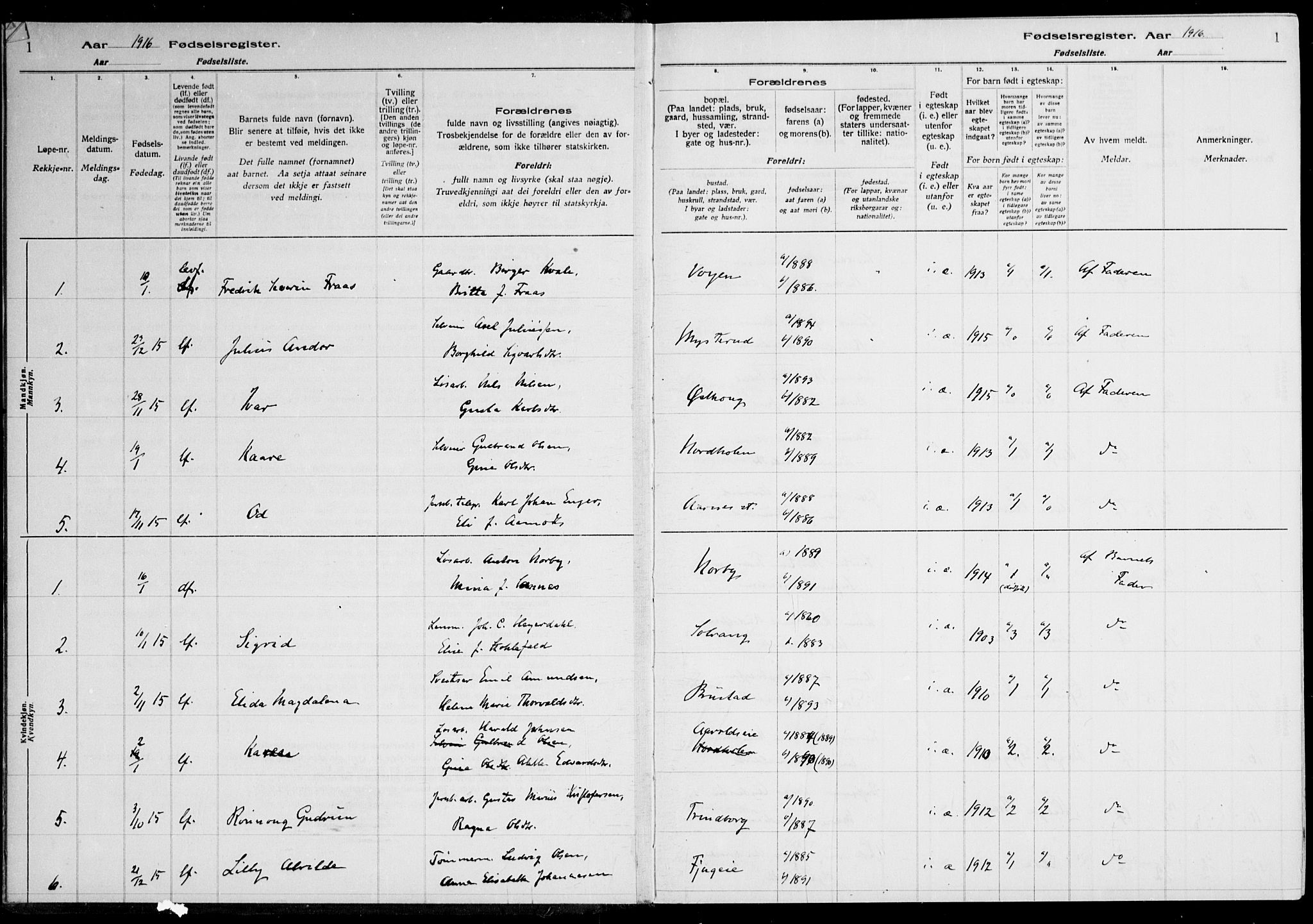 Nes prestekontor Kirkebøker, AV/SAO-A-10410/J/Ja/L0001: Fødselsregister nr. 1, 1916-1926, s. 1