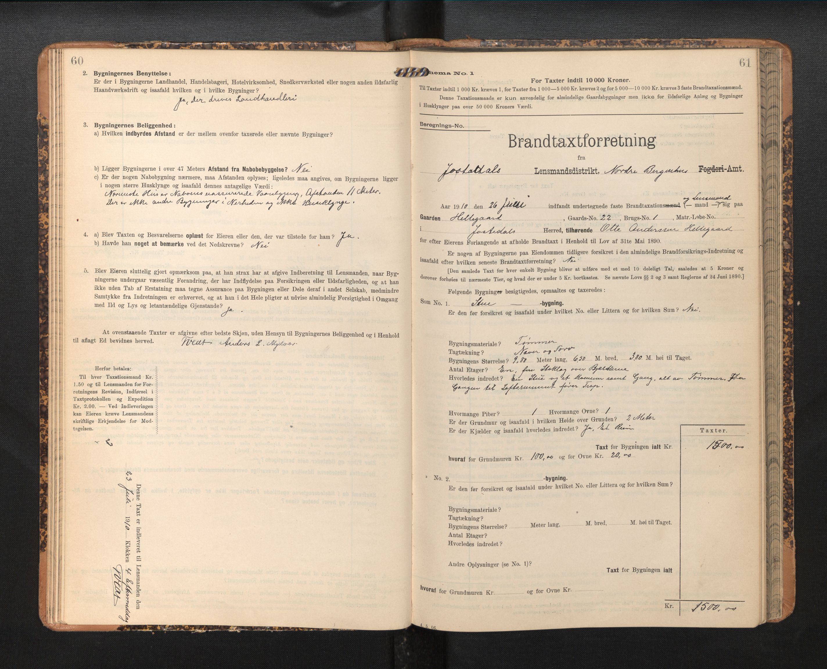 Lensmannen i Jostedal, AV/SAB-A-28601/0012/L0004: Branntakstprotokoll, skjematakst, 1906-1919, s. 60-61