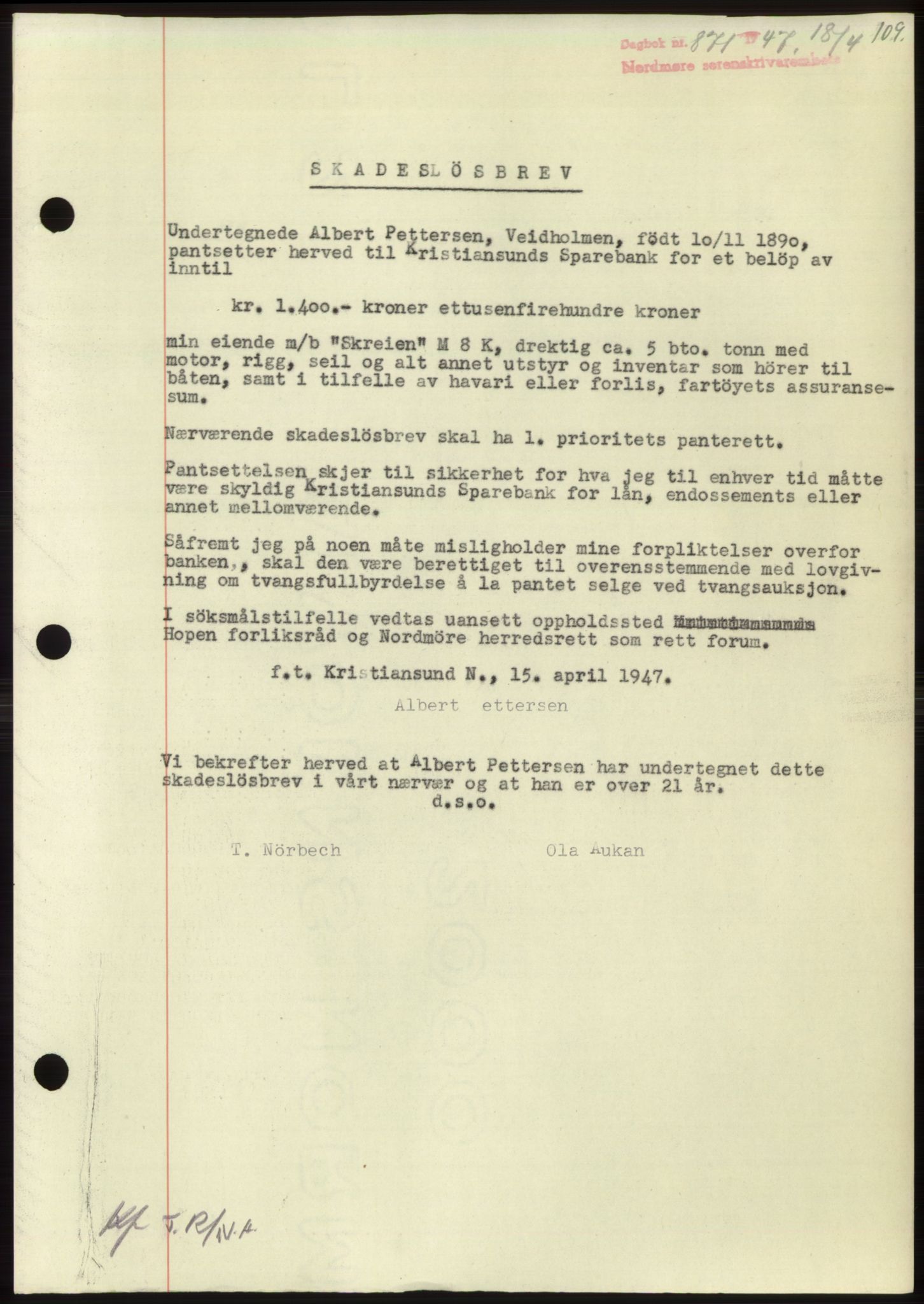 Nordmøre sorenskriveri, SAT/A-4132/1/2/2Ca: Pantebok nr. B96, 1947-1947, Dagboknr: 871/1947