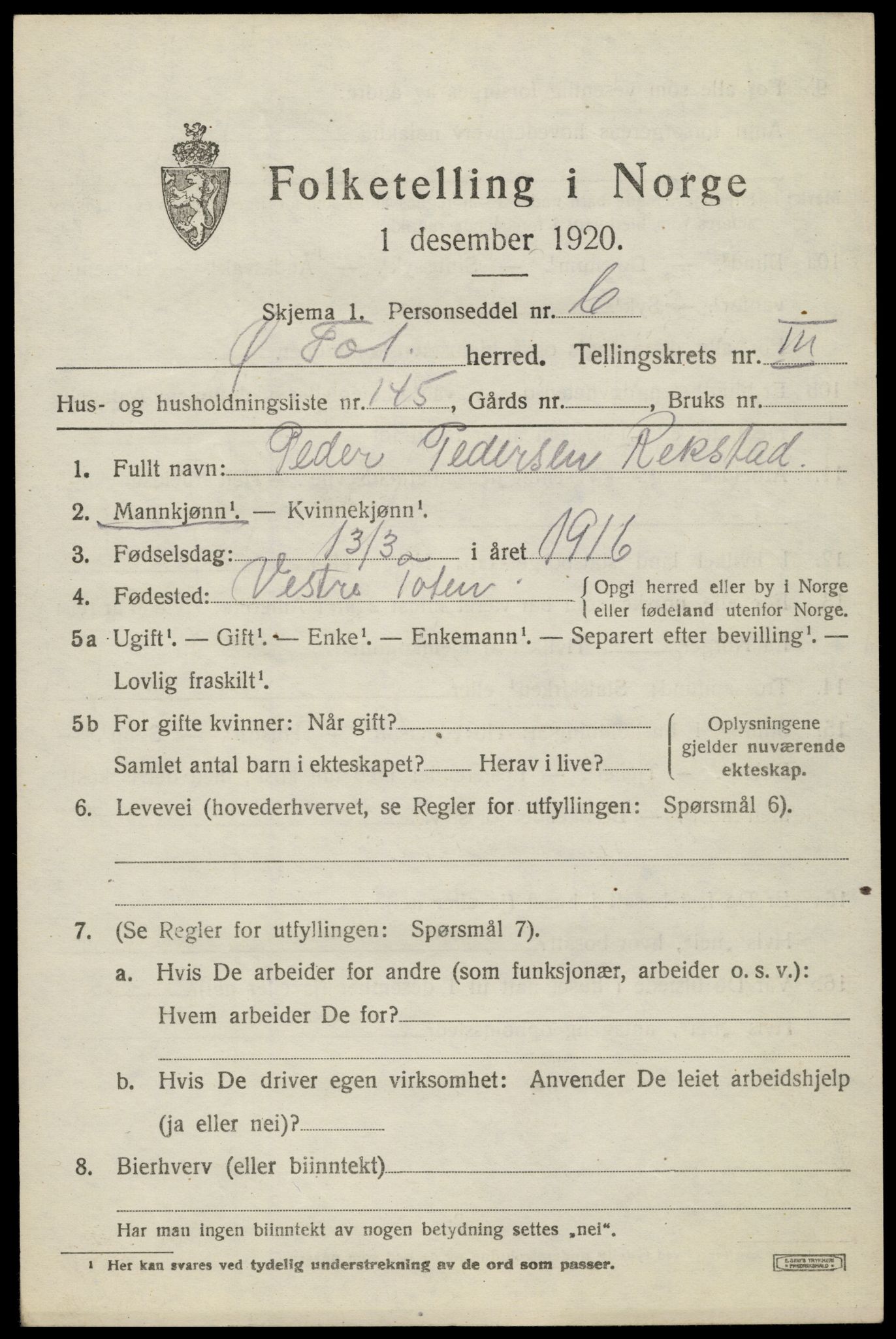 SAH, Folketelling 1920 for 0528 Østre Toten herred, 1920, s. 7630