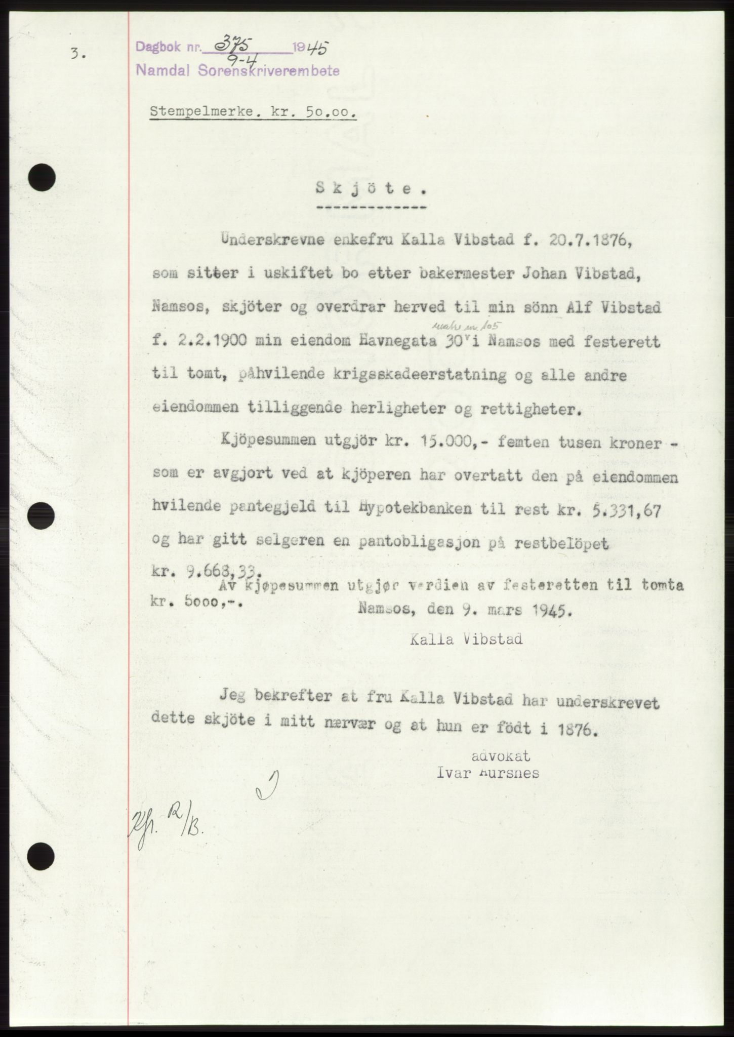 Namdal sorenskriveri, SAT/A-4133/1/2/2C: Pantebok nr. -, 1944-1945, Dagboknr: 375/1945