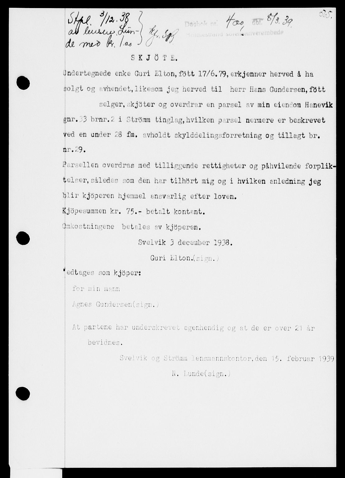 Holmestrand sorenskriveri, SAKO/A-67/G/Ga/Gaa/L0050: Pantebok nr. A-50, 1938-1939, Dagboknr: 400/1939