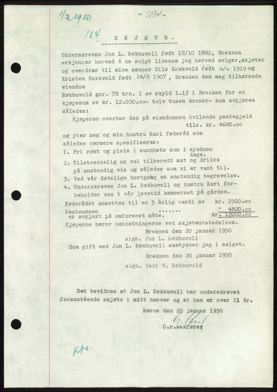 Gauldal sorenskriveri, SAT/A-0014/1/2/2C: Pantebok nr. A9, 1949-1950, Dagboknr: 184/1950