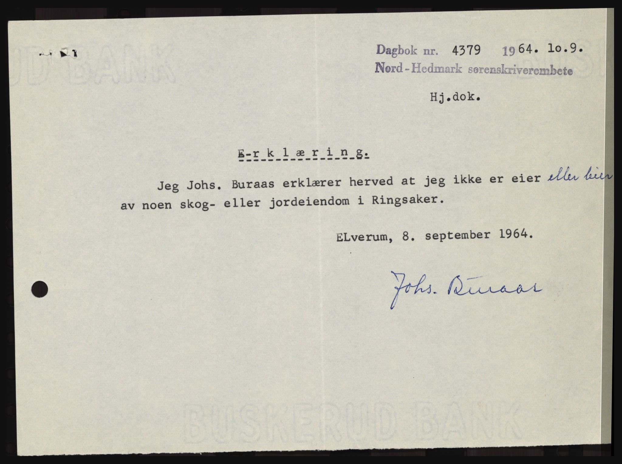 Nord-Hedmark sorenskriveri, SAH/TING-012/H/Hc/L0020: Pantebok nr. 20, 1964-1964, Dagboknr: 4379/1964