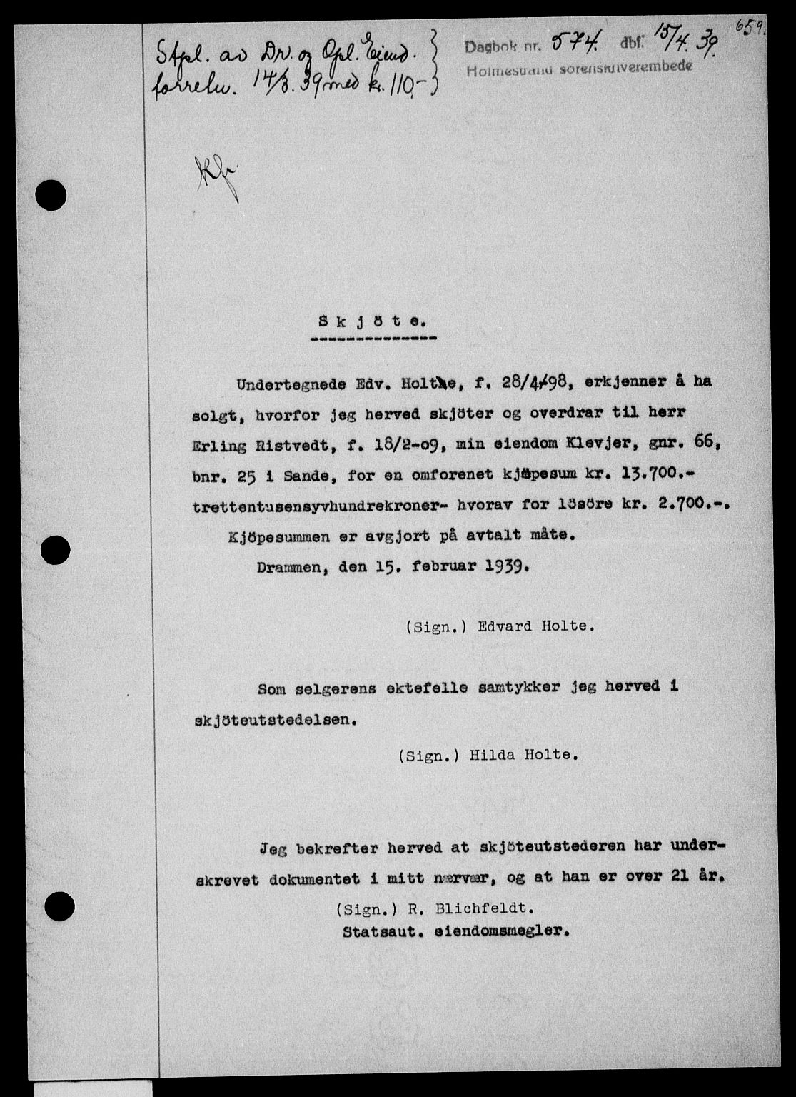 Holmestrand sorenskriveri, SAKO/A-67/G/Ga/Gaa/L0050: Pantebok nr. A-50, 1938-1939, Dagboknr: 574/1939