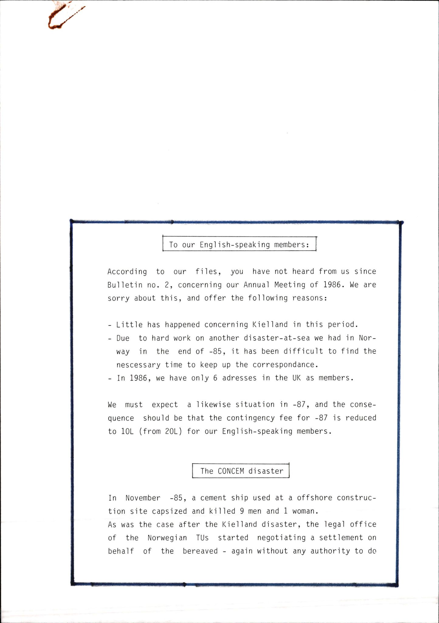 Pa 1660 - Kielland- fondet, AV/SAST-A-102242/X/Xa/L0001: Rapport til overlevende og etterlatte/ Kielland Bulletin, 1980-1998