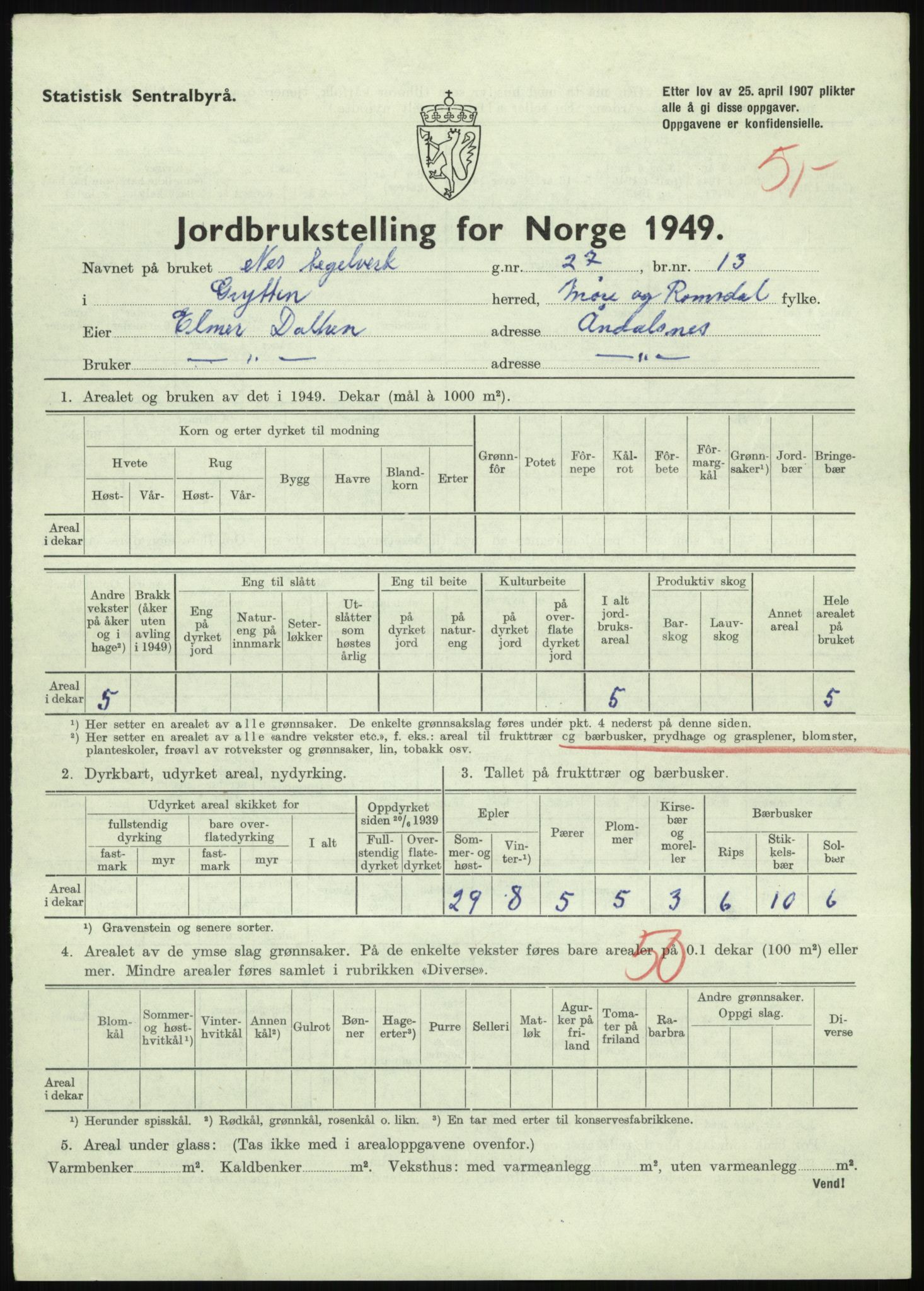 Statistisk sentralbyrå, Næringsøkonomiske emner, Jordbruk, skogbruk, jakt, fiske og fangst, AV/RA-S-2234/G/Gc/L0323: Møre og Romsdal: Grytten og Hen, 1949, s. 25