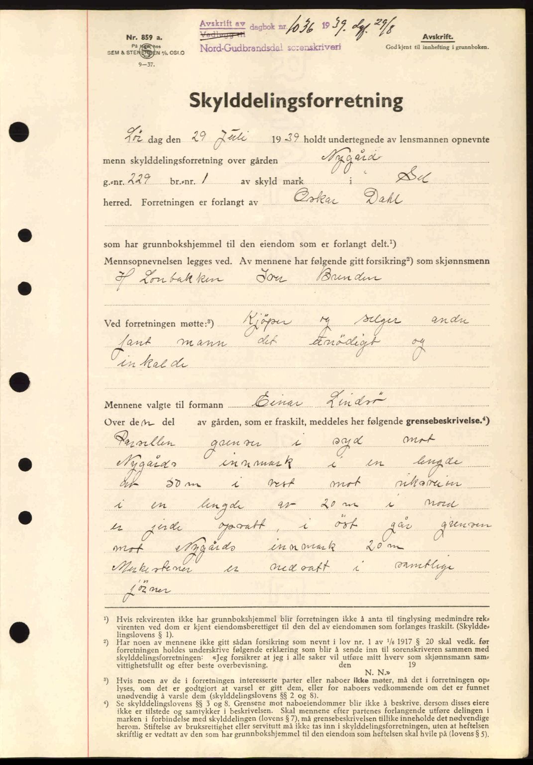 Nord-Gudbrandsdal tingrett, SAH/TING-002/H/Hb/Hbb/L0005: Pantebok nr. FA5, 1939-1940, Dagboknr: 1036/1939