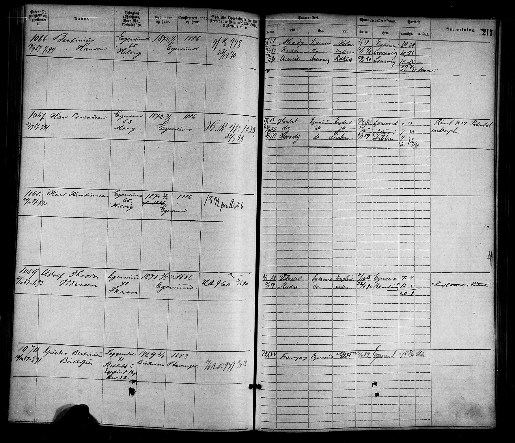 Egersund mønstringskrets, SAK/2031-0019/F/Fa/L0001: Annotasjonsrulle nr 1-1440 med register, O-1, 1869-1895, s. 238