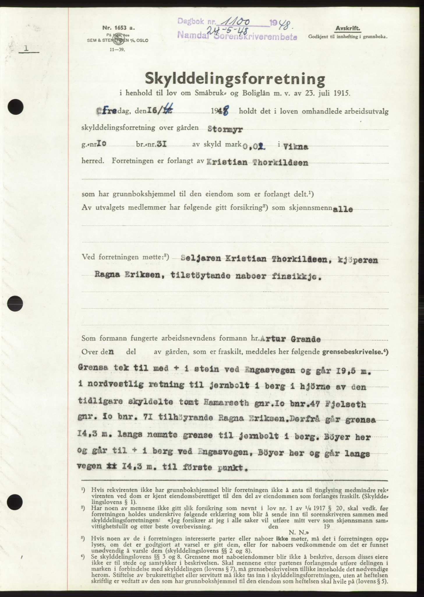 Namdal sorenskriveri, SAT/A-4133/1/2/2C: Pantebok nr. -, 1947-1948, Dagboknr: 1100/1948