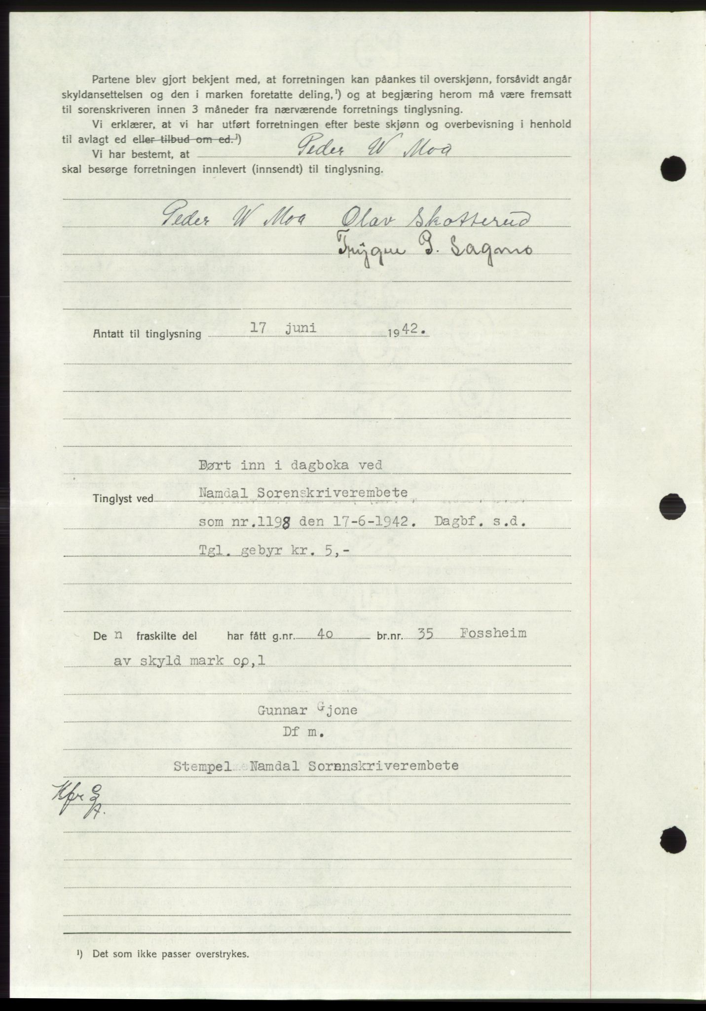 Namdal sorenskriveri, SAT/A-4133/1/2/2C: Pantebok nr. -, 1941-1942, Dagboknr: 1198/1942