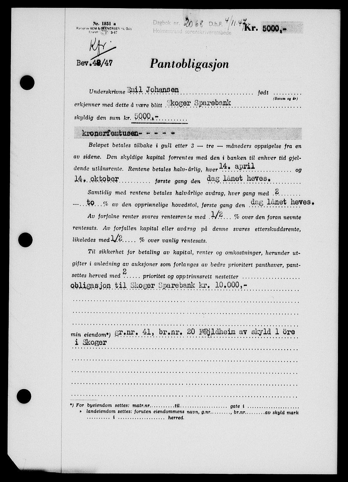 Holmestrand sorenskriveri, SAKO/A-67/G/Ga/Gab/L0058: Pantebok nr. B-58, 1947-1948, Dagboknr: 2068/1947