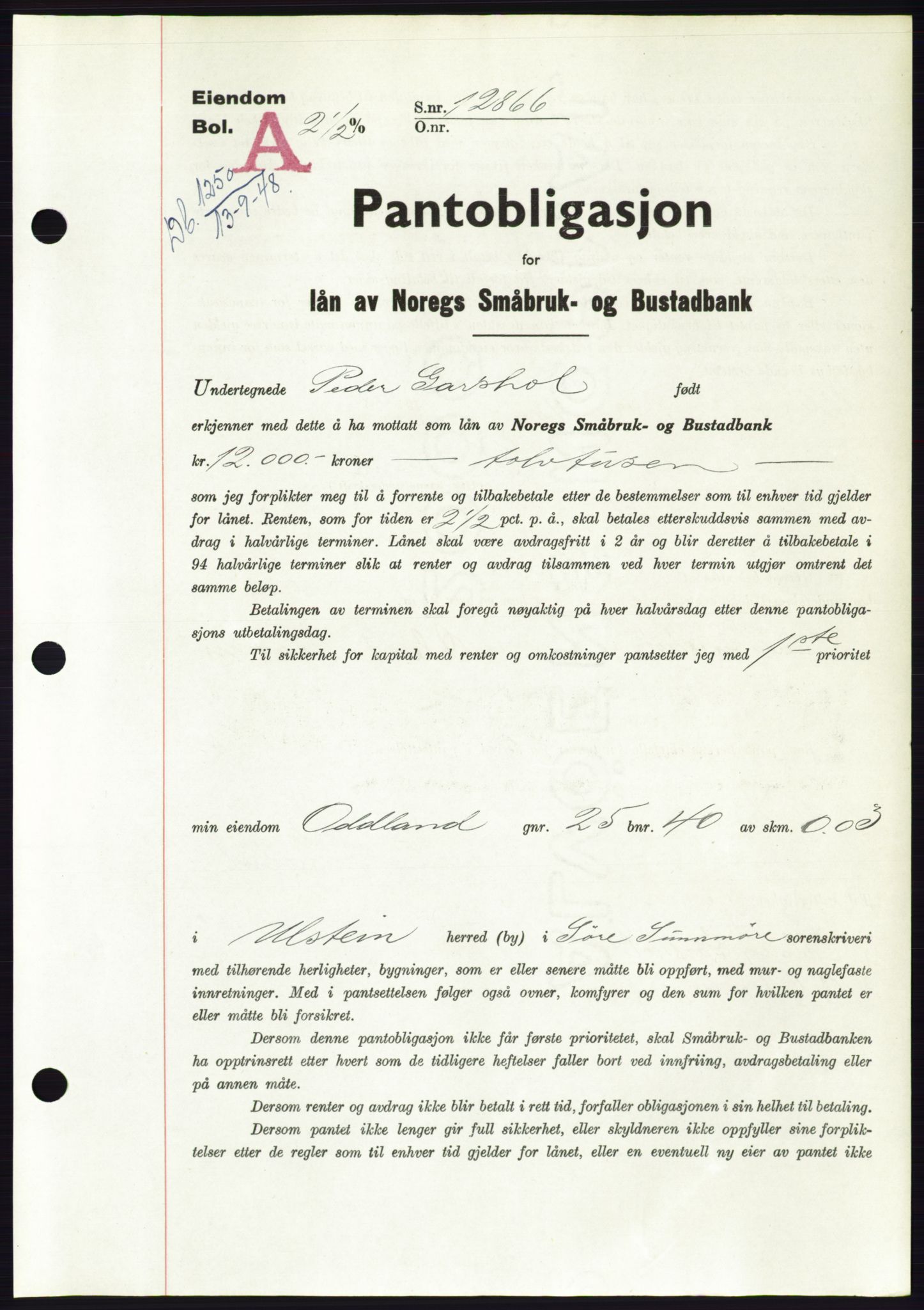 Søre Sunnmøre sorenskriveri, AV/SAT-A-4122/1/2/2C/L0116: Pantebok nr. 4B, 1948-1949, Dagboknr: 1250/1948