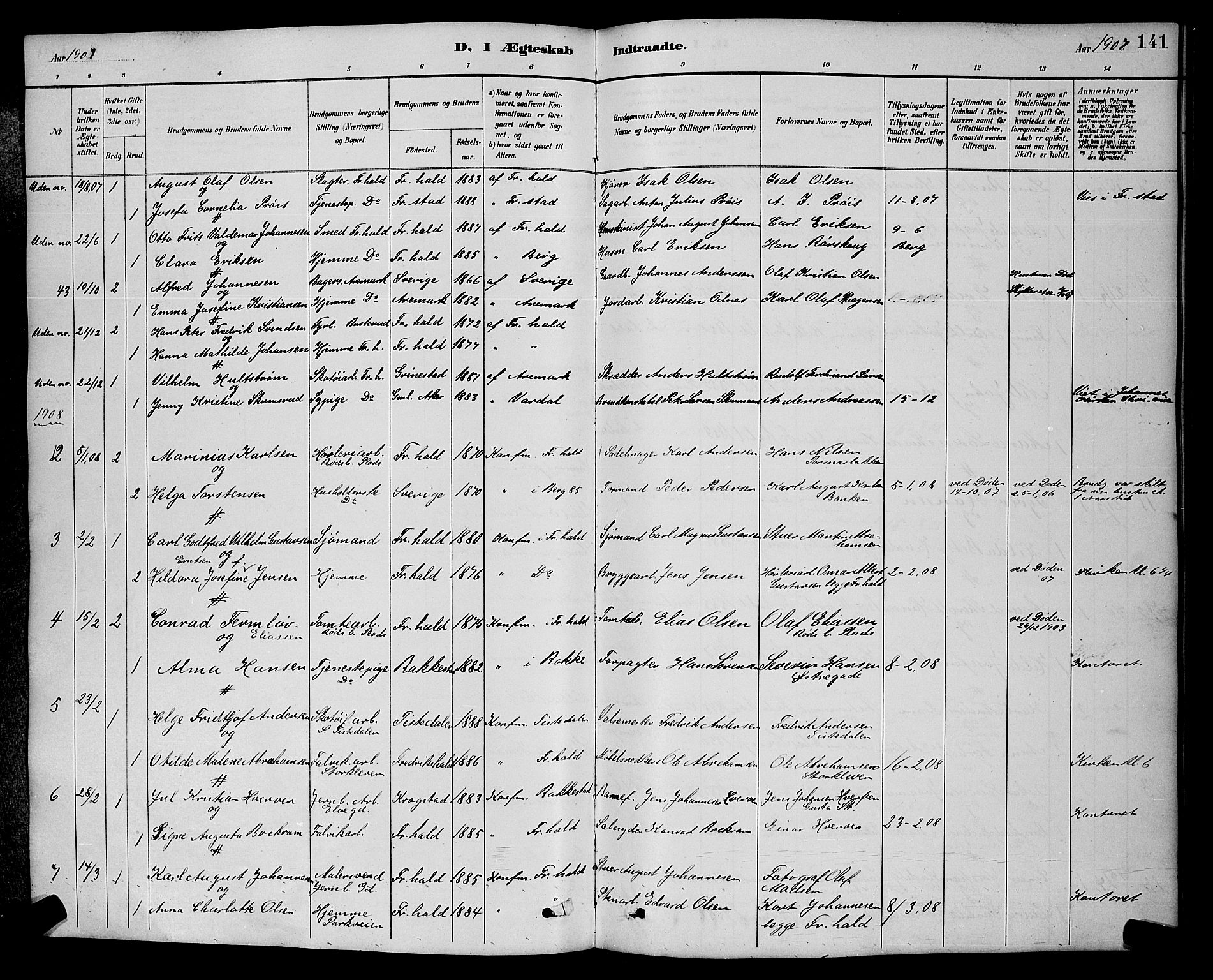 Halden prestekontor Kirkebøker, AV/SAO-A-10909/G/Ga/L0009: Klokkerbok nr. 9, 1885-1908, s. 141