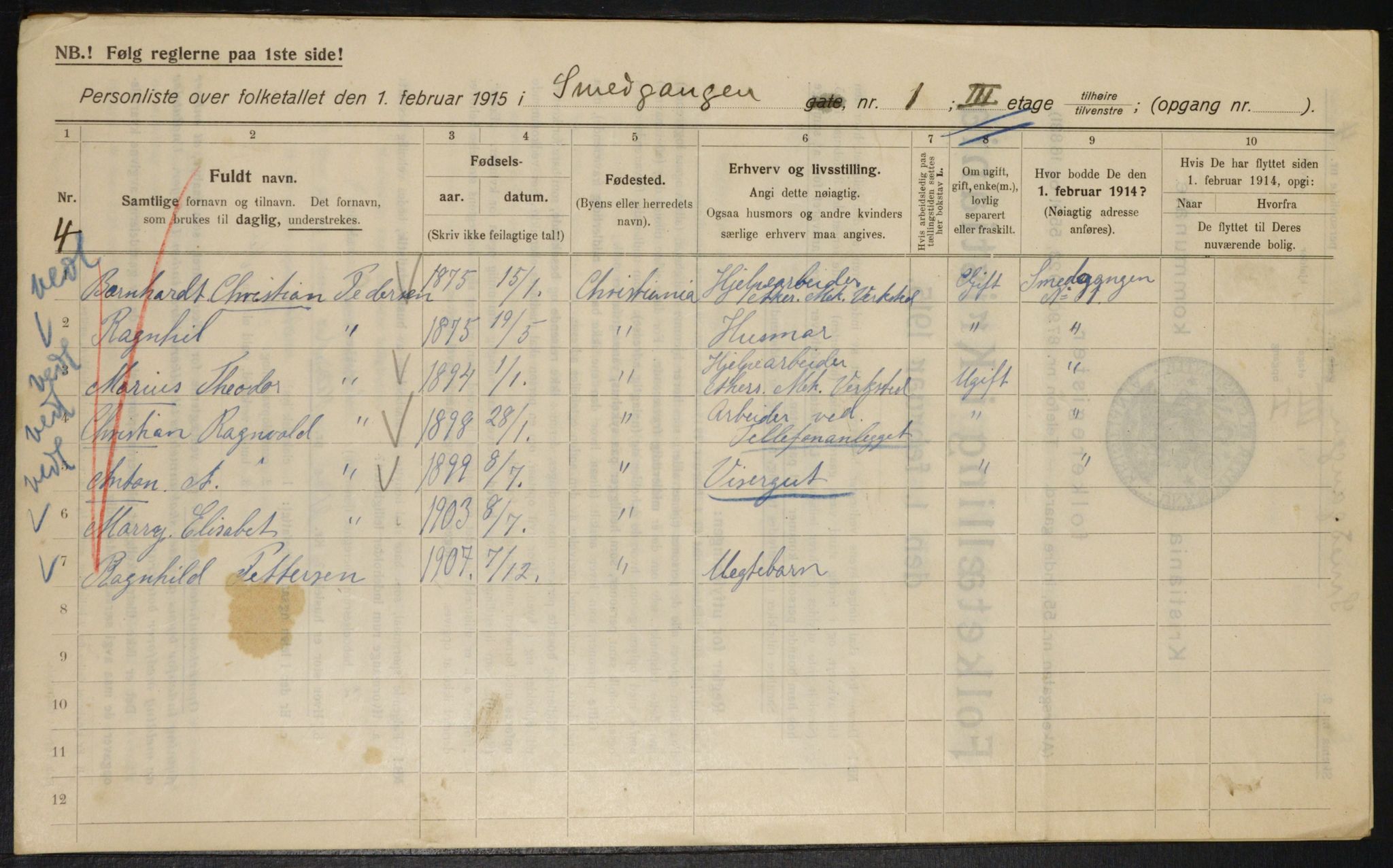 OBA, Kommunal folketelling 1.2.1915 for Kristiania, 1915, s. 96976