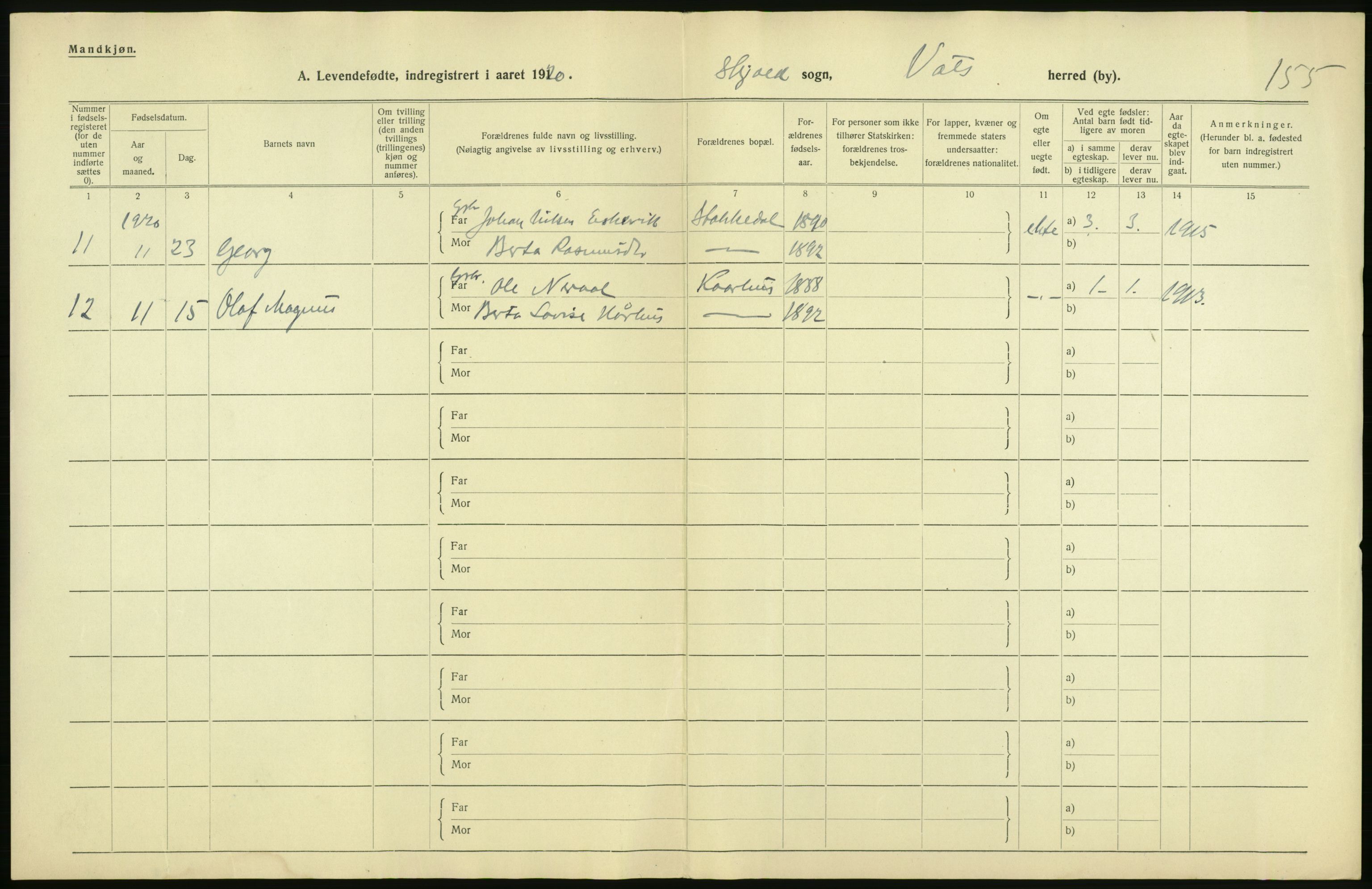 Statistisk sentralbyrå, Sosiodemografiske emner, Befolkning, RA/S-2228/D/Df/Dfb/Dfbj/L0034: Rogaland fylke: Levendefødte menn og kvinner. Bygder., 1920