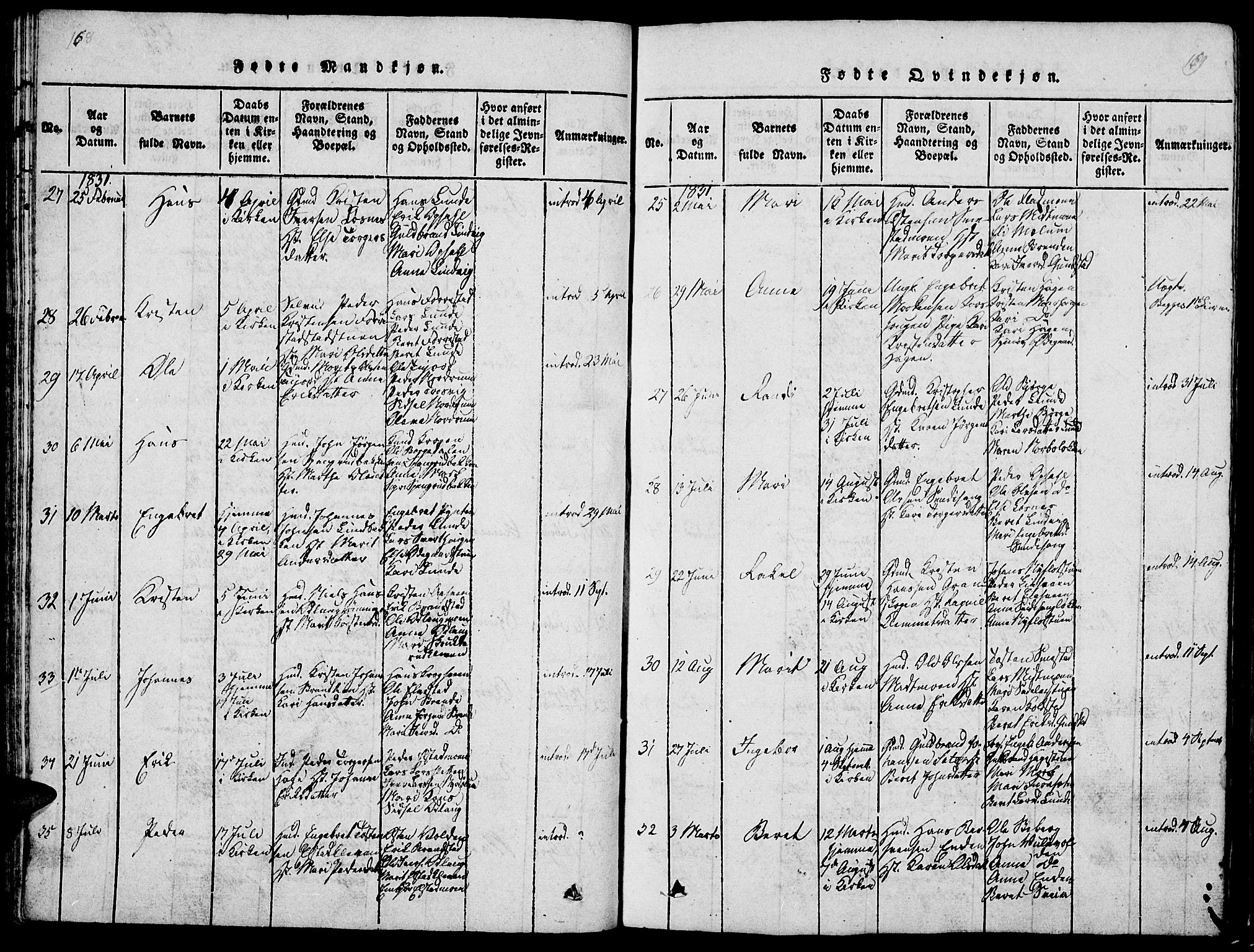 Ringebu prestekontor, AV/SAH-PREST-082/H/Ha/Hab/L0001: Klokkerbok nr. 1, 1821-1839, s. 168-169
