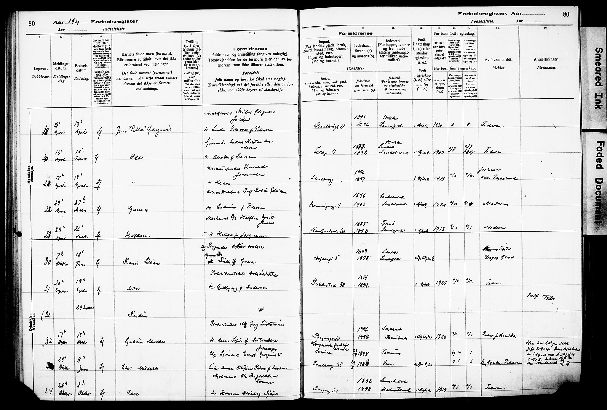 Sandefjord kirkebøker, AV/SAKO-A-315/J/Ja/L0001: Fødselsregister nr. 1, 1916-1932, s. 80