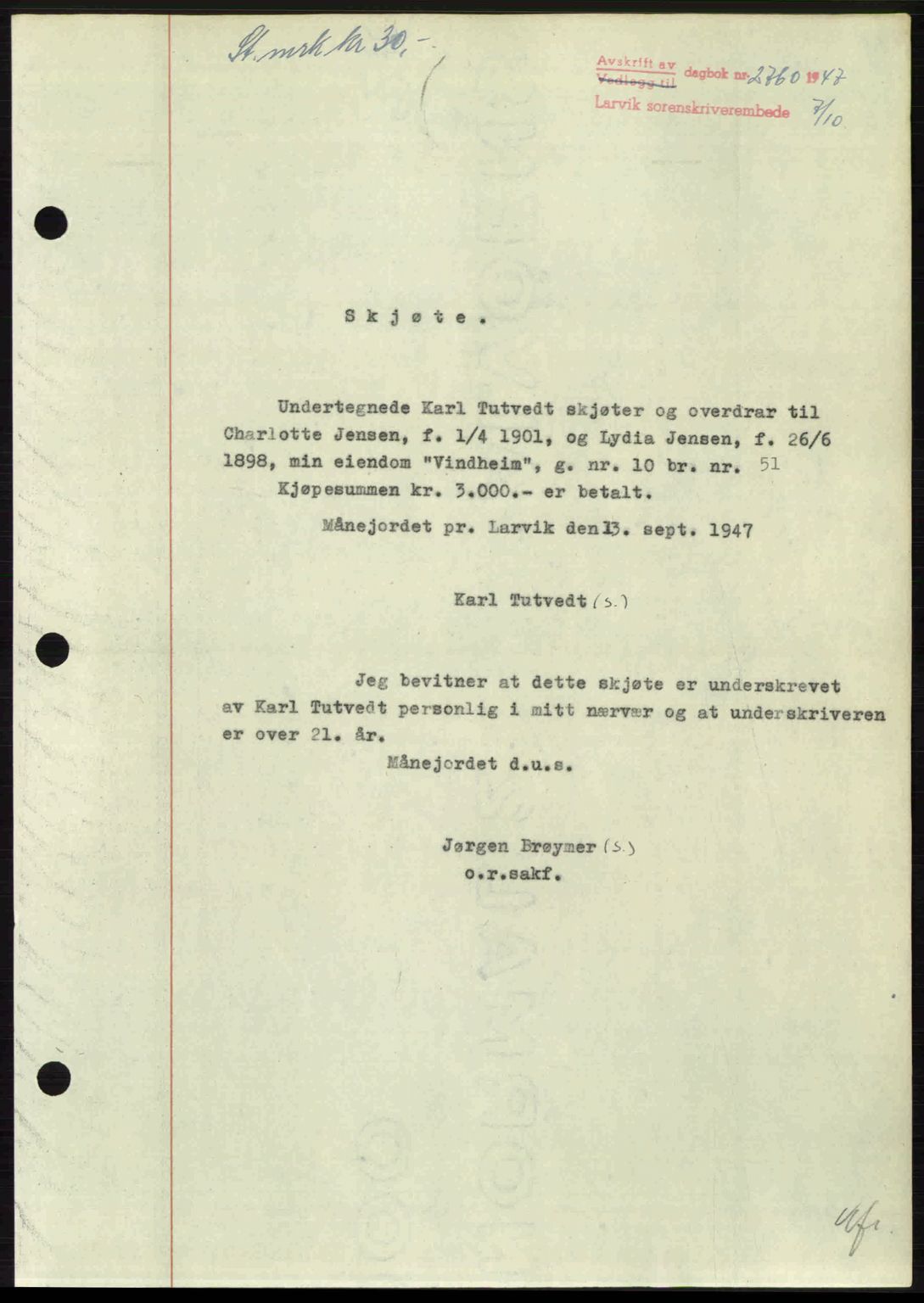 Larvik sorenskriveri, SAKO/A-83/G/Ga/Gab/L0085: Pantebok nr. A-19, 1947-1948, Dagboknr: 2760/1947