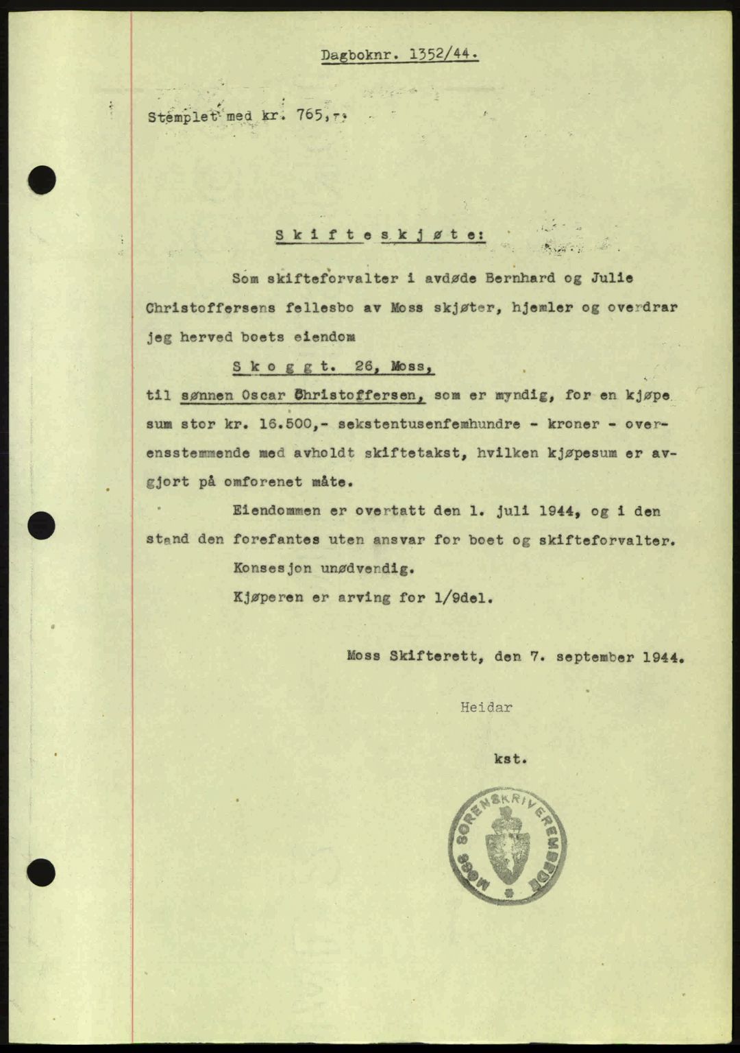 Moss sorenskriveri, SAO/A-10168: Pantebok nr. A12, 1943-1944, Dagboknr: 1352/1944