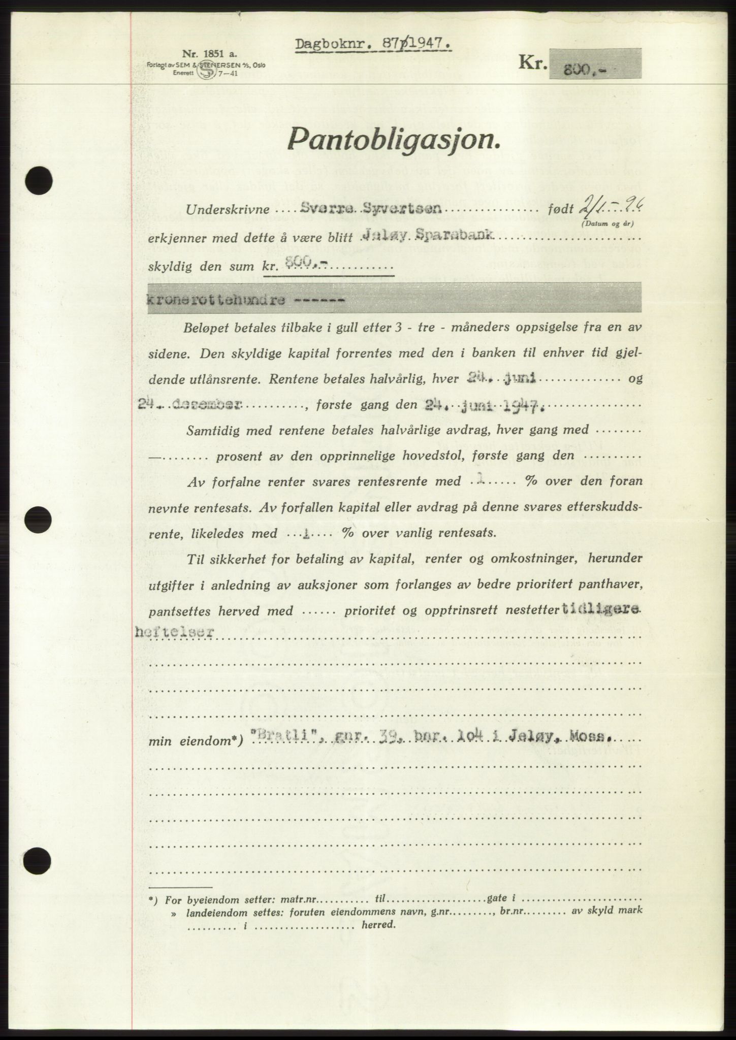Moss sorenskriveri, SAO/A-10168: Pantebok nr. B16, 1946-1947, Dagboknr: 87/1947