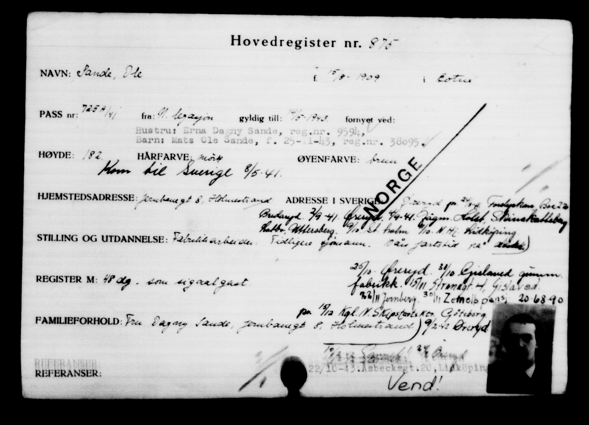 Utenriksstasjonene, Legasjonen i Stockholm, Flyktningkontoret, AV/RA-S-6753/V/Va/L0001: Kjesäterkartoteket, flyktninger med registreringsnr. 1-1000, 1940-1945, s. 1386