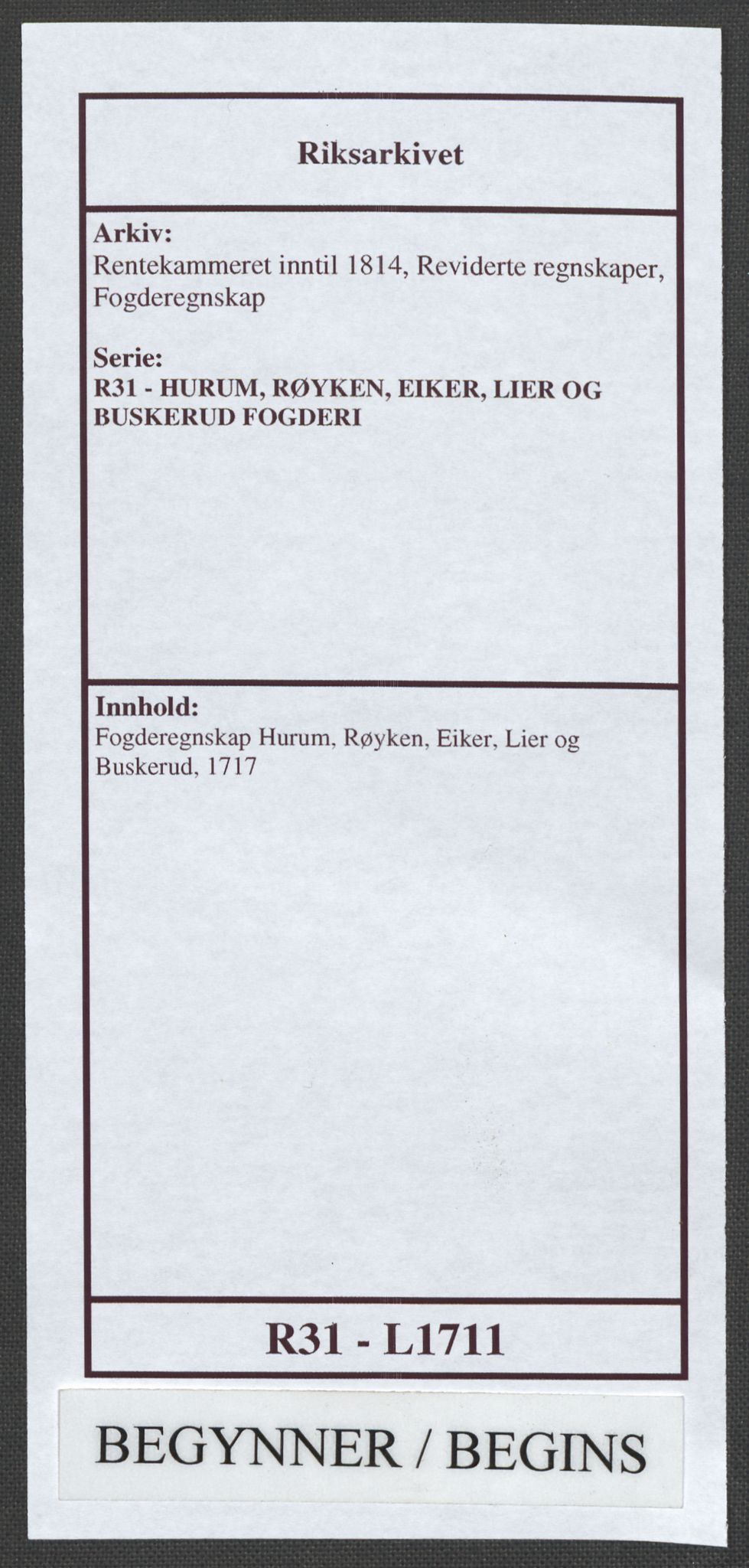 Rentekammeret inntil 1814, Reviderte regnskaper, Fogderegnskap, AV/RA-EA-4092/R31/L1711: Fogderegnskap Hurum, Røyken, Eiker, Lier og Buskerud, 1717, s. 1