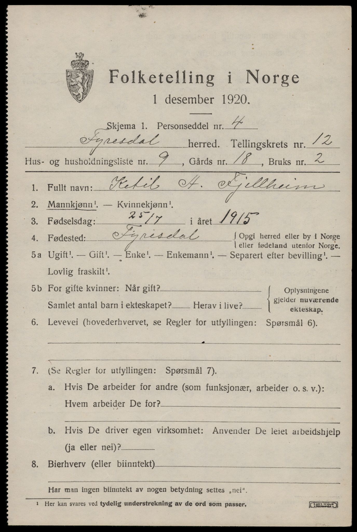 SAKO, Folketelling 1920 for 0831 Fyresdal herred, 1920, s. 4261