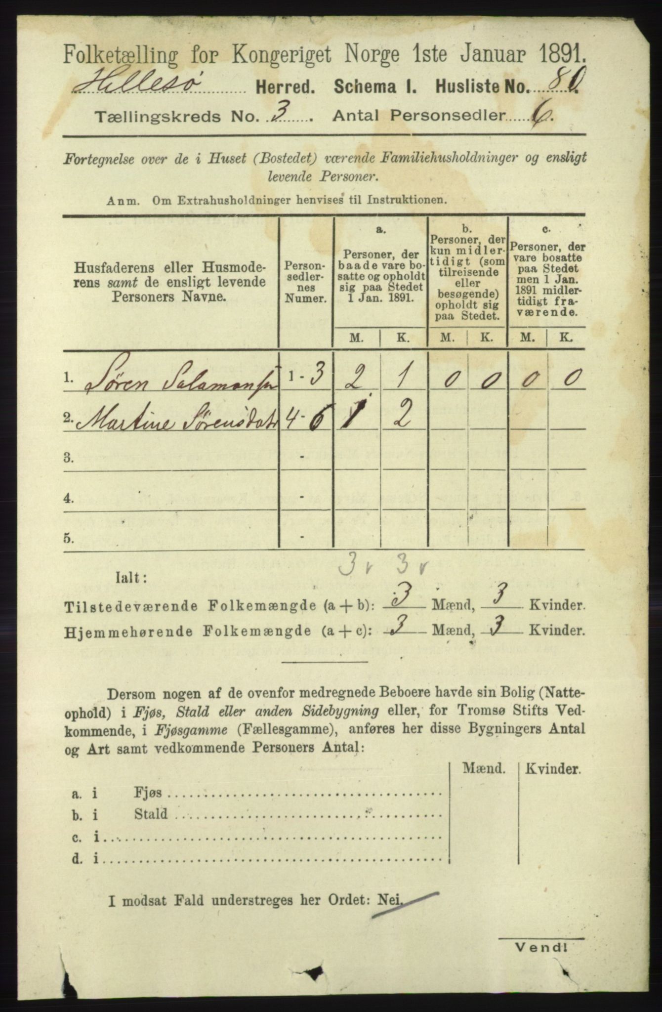 RA, Folketelling 1891 for 1930 Hillesøy herred, 1891, s. 1086