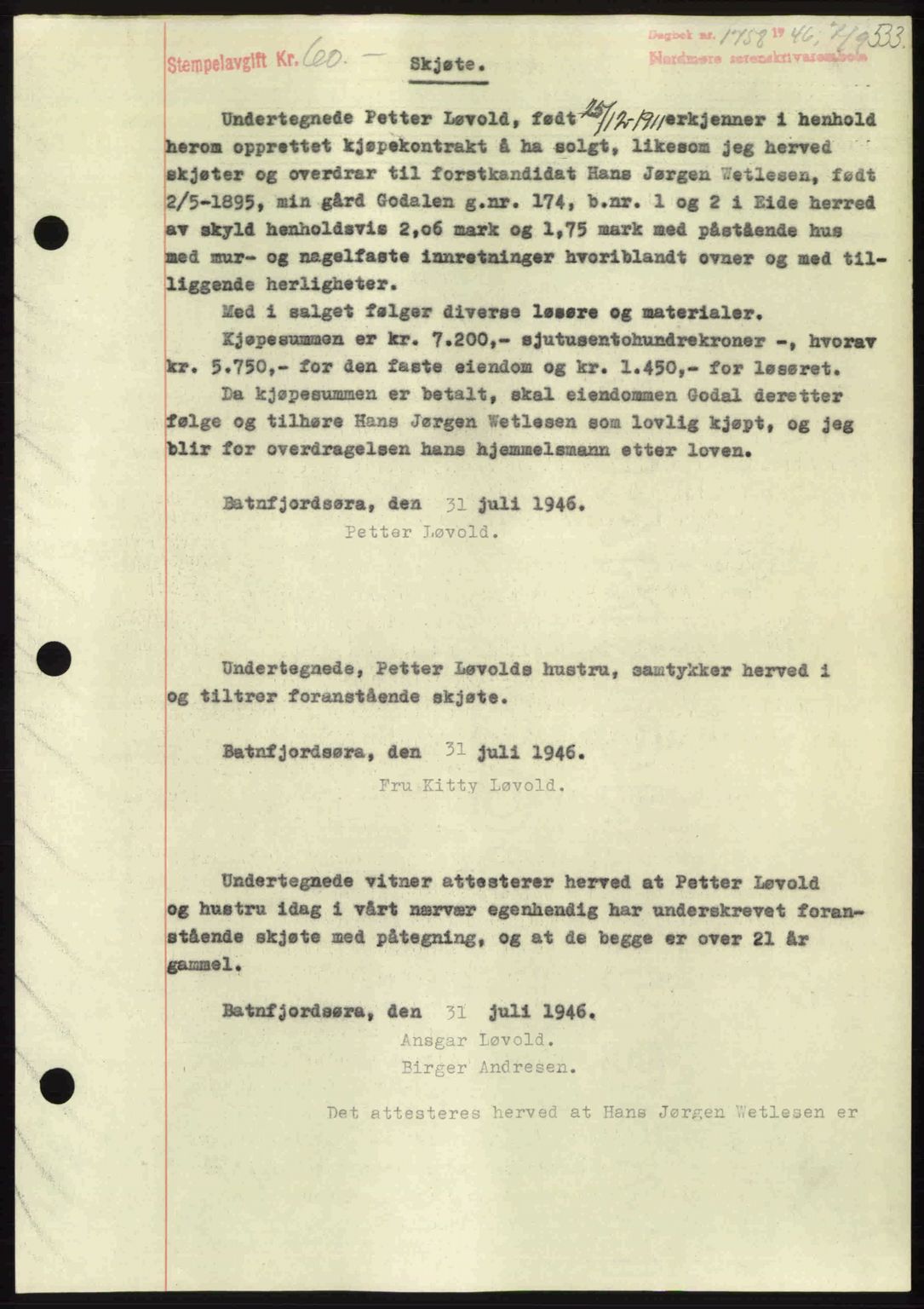 Nordmøre sorenskriveri, SAT/A-4132/1/2/2Ca: Pantebok nr. A102, 1946-1946, Dagboknr: 1758/1946