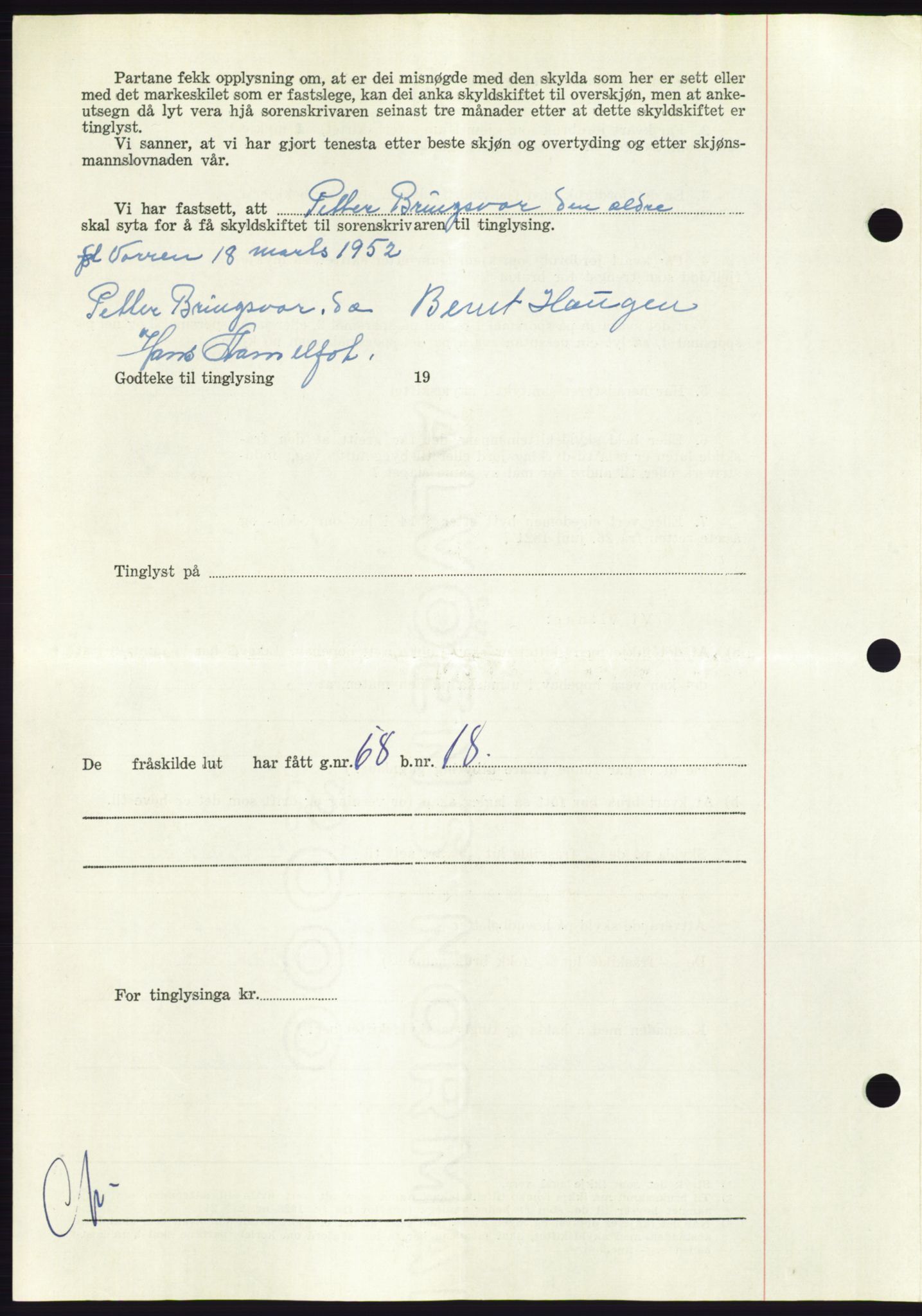 Søre Sunnmøre sorenskriveri, AV/SAT-A-4122/1/2/2C/L0092: Pantebok nr. 18A, 1952-1952, Dagboknr: 1530/1952