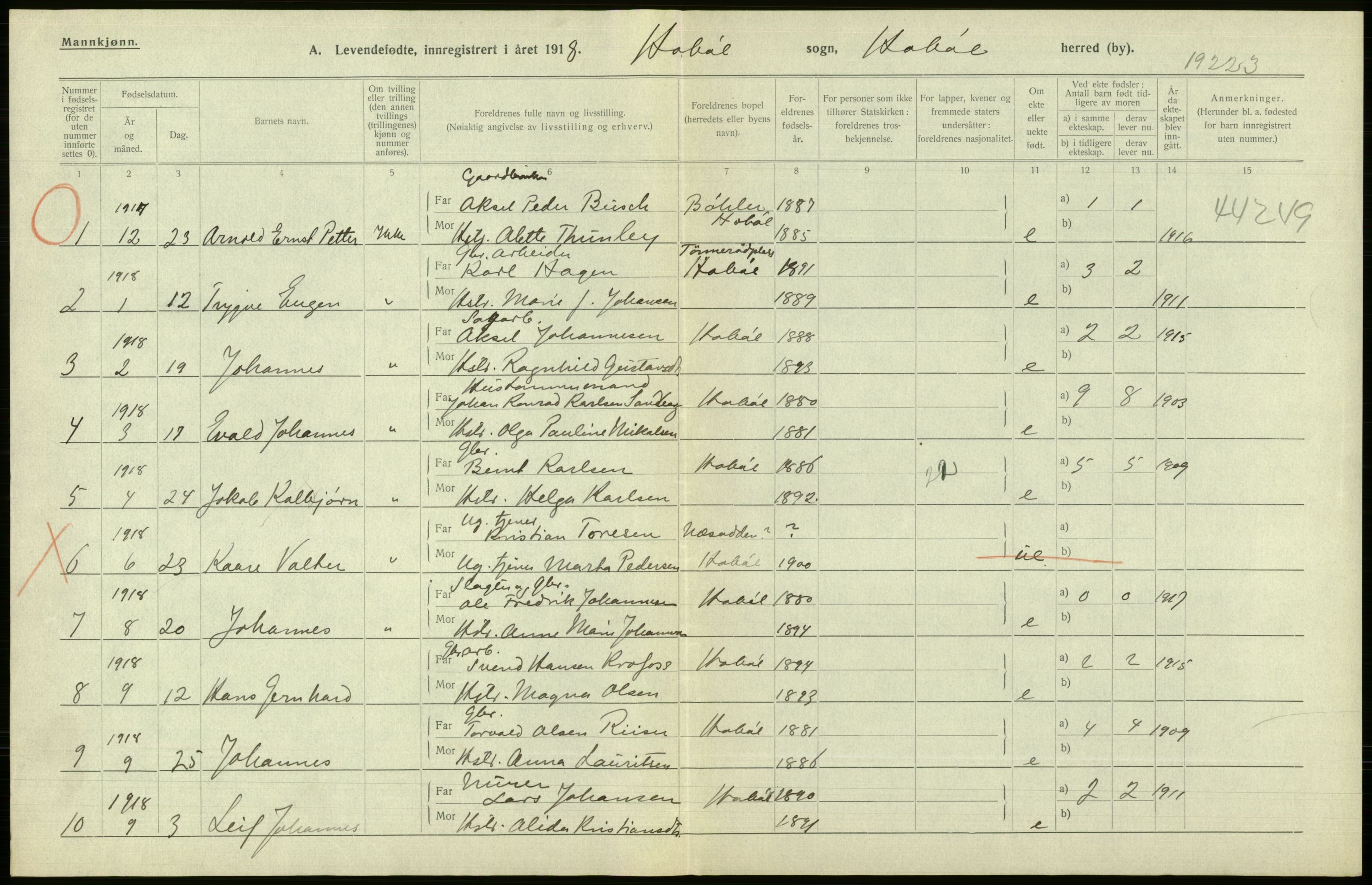 Statistisk sentralbyrå, Sosiodemografiske emner, Befolkning, RA/S-2228/D/Df/Dfb/Dfbh/L0001: Østfold fylke: Levendefødte menn og kvinner. Bygder., 1918, s. 284