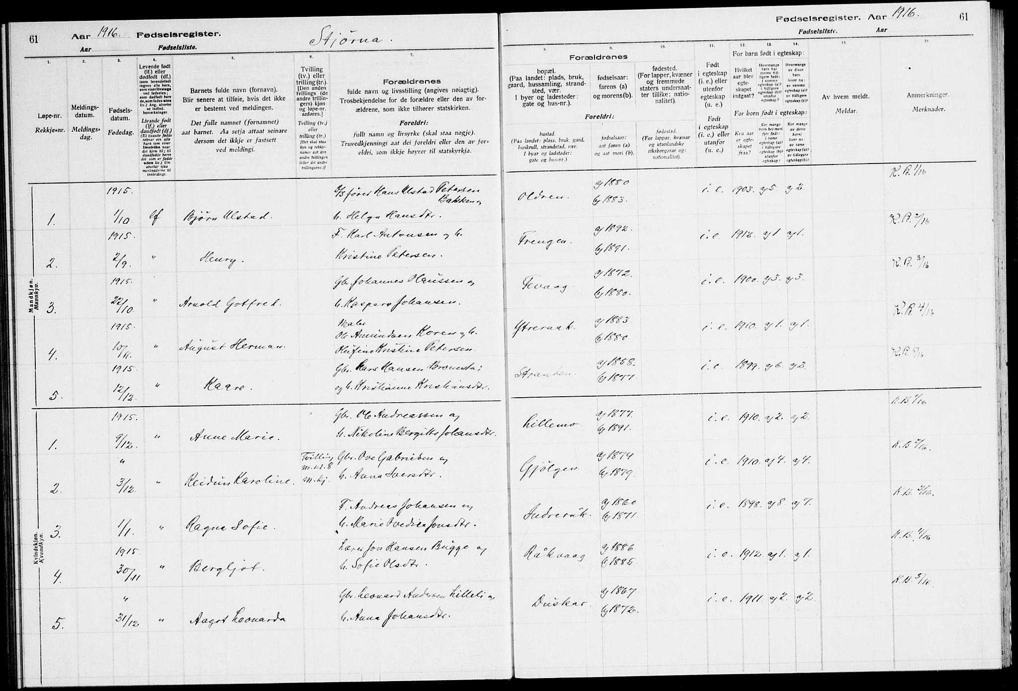 Ministerialprotokoller, klokkerbøker og fødselsregistre - Sør-Trøndelag, AV/SAT-A-1456/651/L0650: Fødselsregister nr. 651.II.4.1, 1916-1923, s. 61