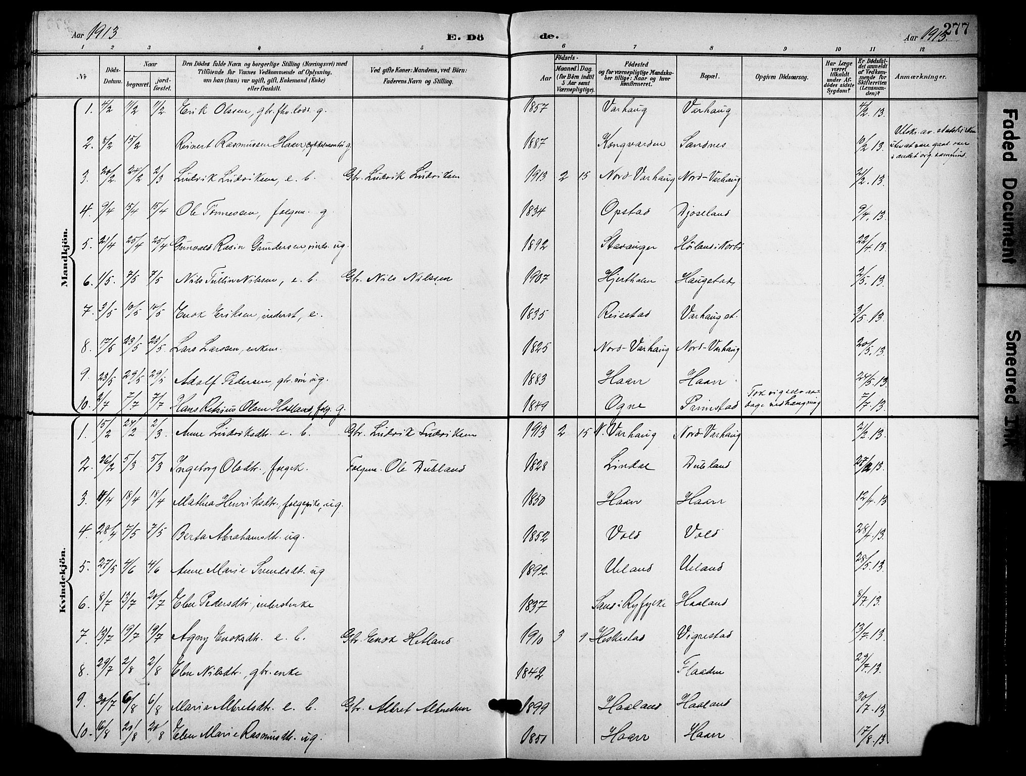 Hå sokneprestkontor, AV/SAST-A-101801/001/30BB/L0006: Klokkerbok nr. B 6, 1900-1924, s. 277