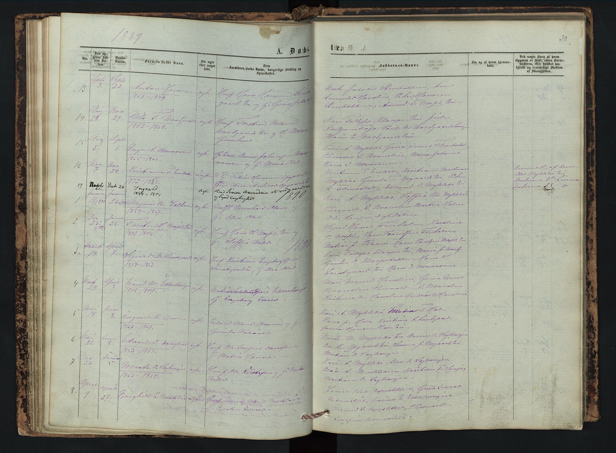 Vestre Gausdal prestekontor, AV/SAH-PREST-094/H/Ha/Hab/L0002: Klokkerbok nr. 2, 1874-1897, s. 39