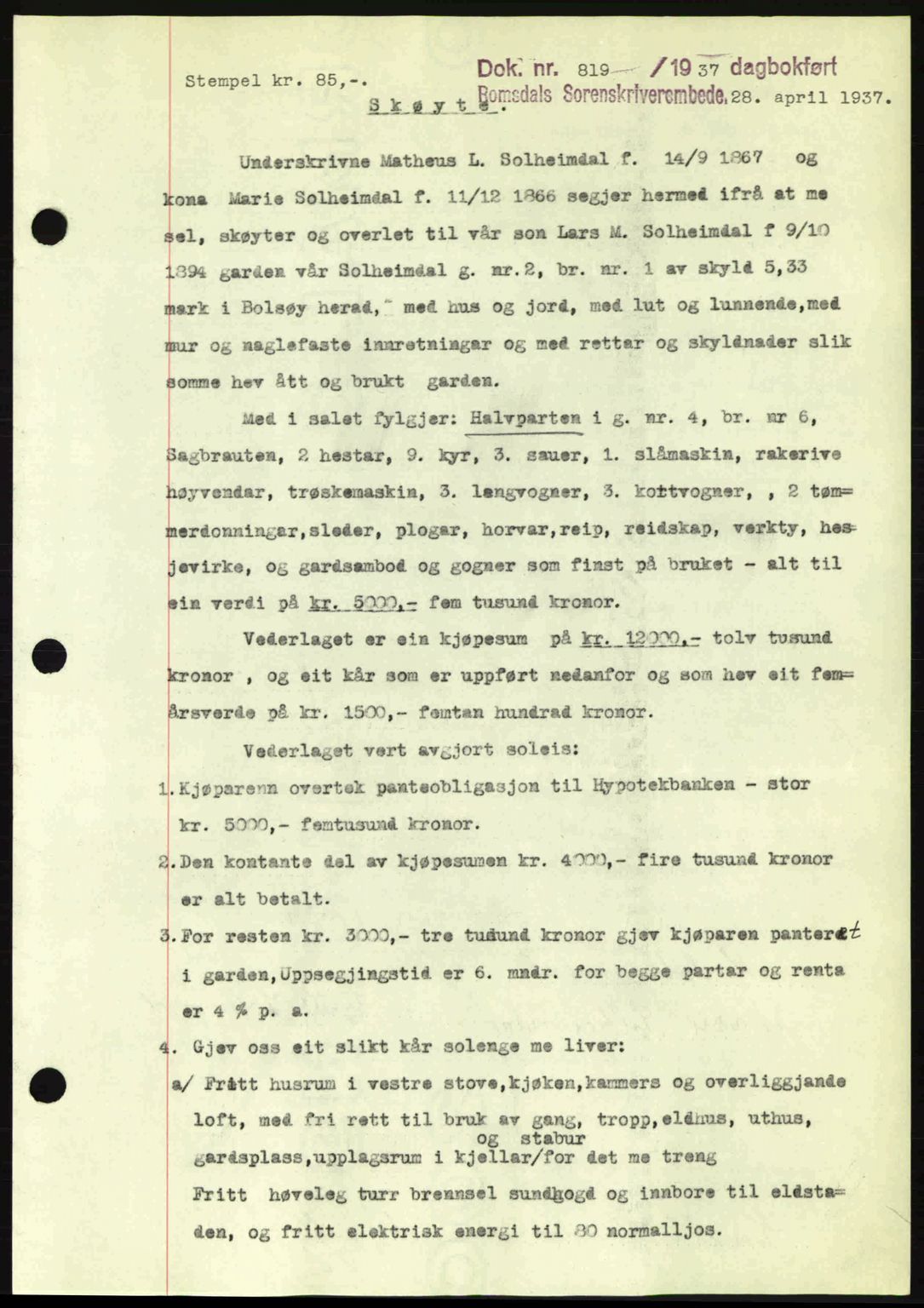 Romsdal sorenskriveri, SAT/A-4149/1/2/2C: Pantebok nr. A3, 1937-1937, Dagboknr: 819/1937