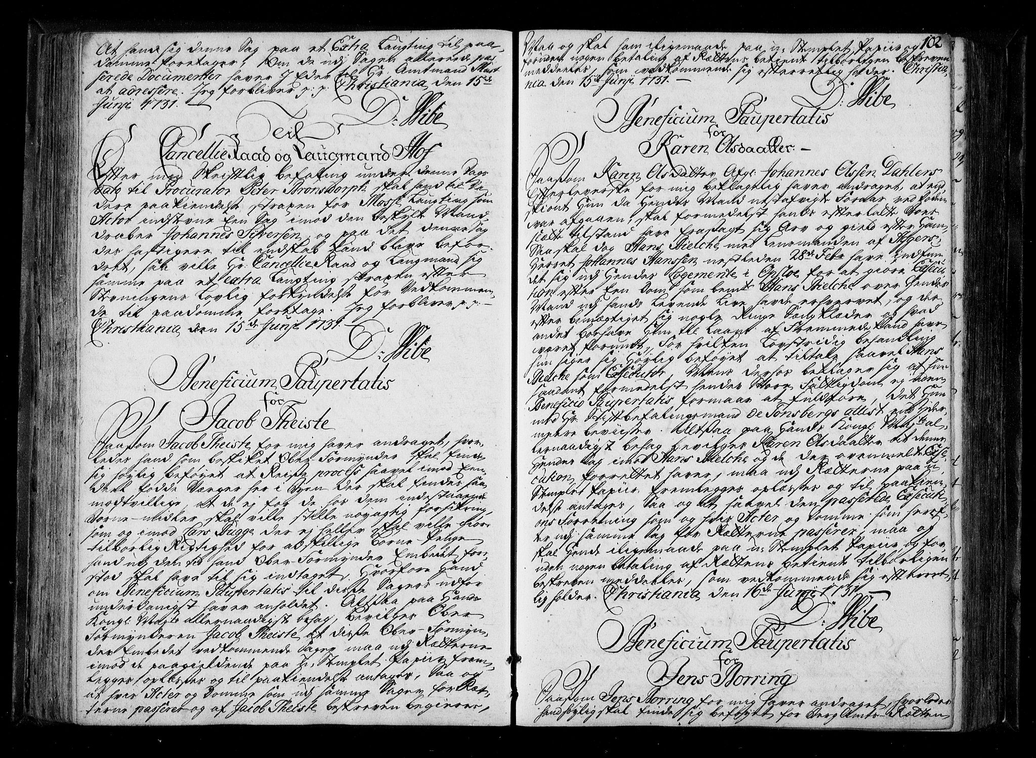 Stattholderembetet 1572-1771, AV/RA-EA-2870/Be/L0011: Kopibok for beneficia paupertatis, 1726-1739, s. 101b-102a