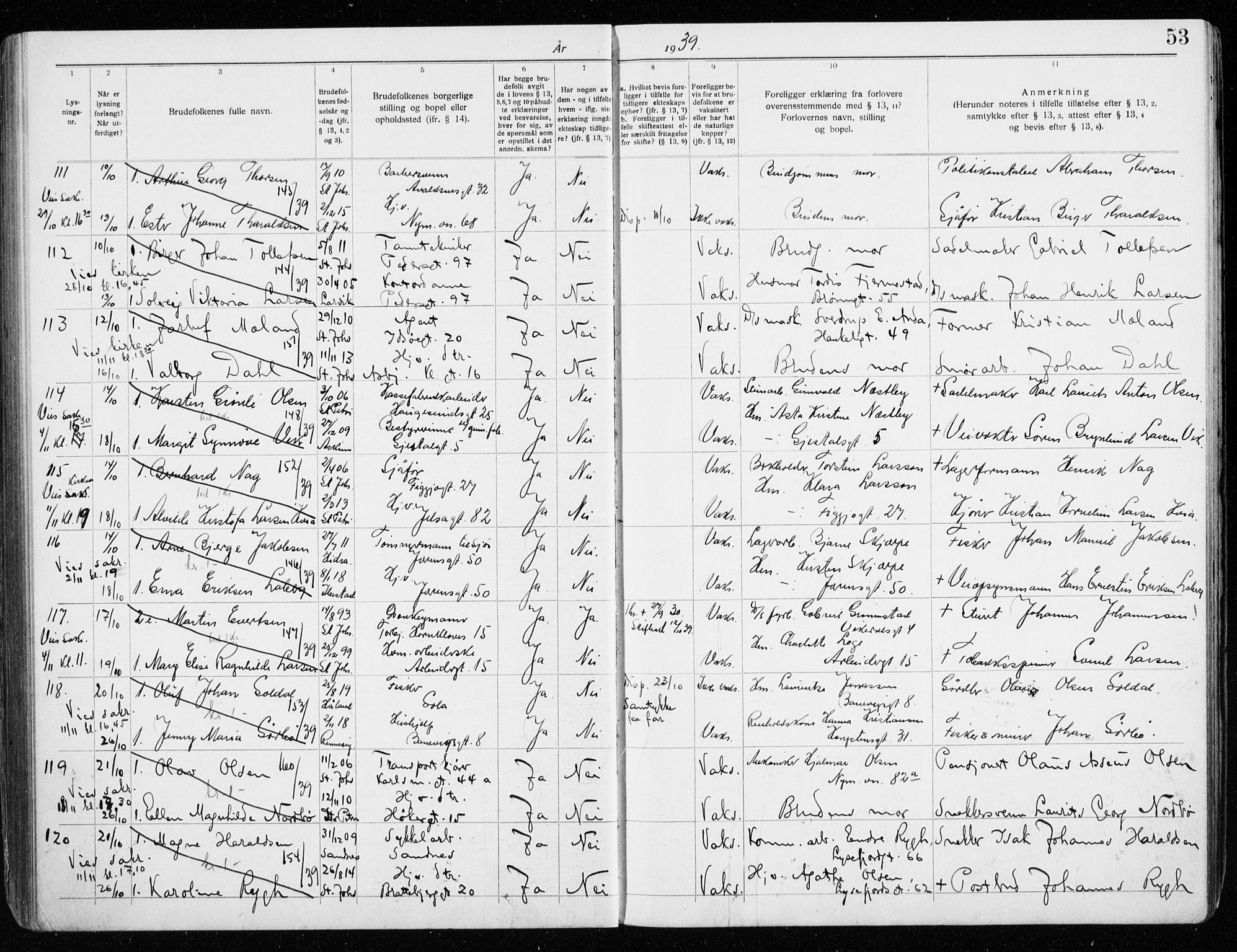 St. Johannes sokneprestkontor, AV/SAST-A-101814/001/70/705BA/L0006: Lysningsprotokoll nr. 6, 1936-1942, s. 53