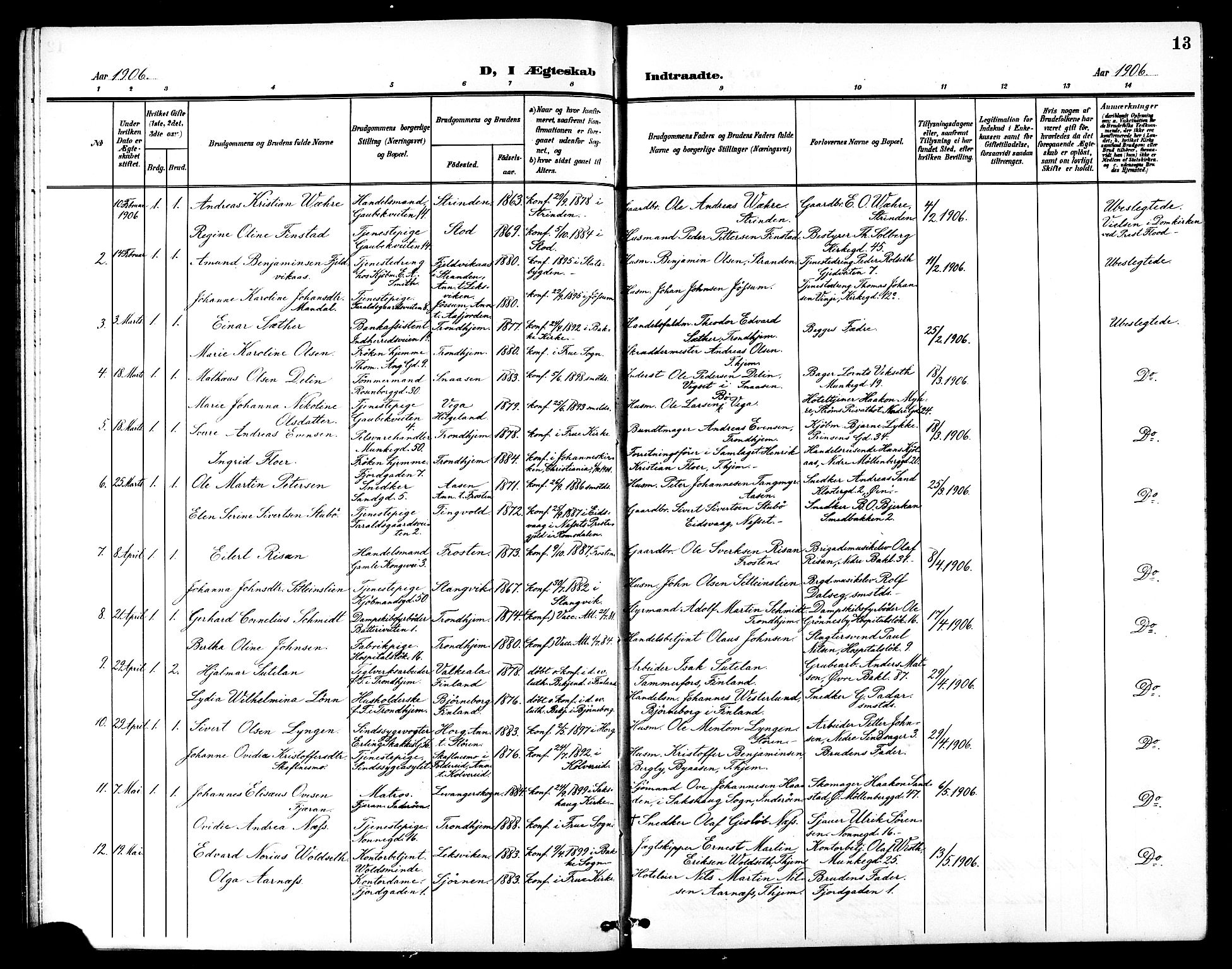 Ministerialprotokoller, klokkerbøker og fødselsregistre - Sør-Trøndelag, AV/SAT-A-1456/602/L0145: Klokkerbok nr. 602C13, 1902-1919, s. 13