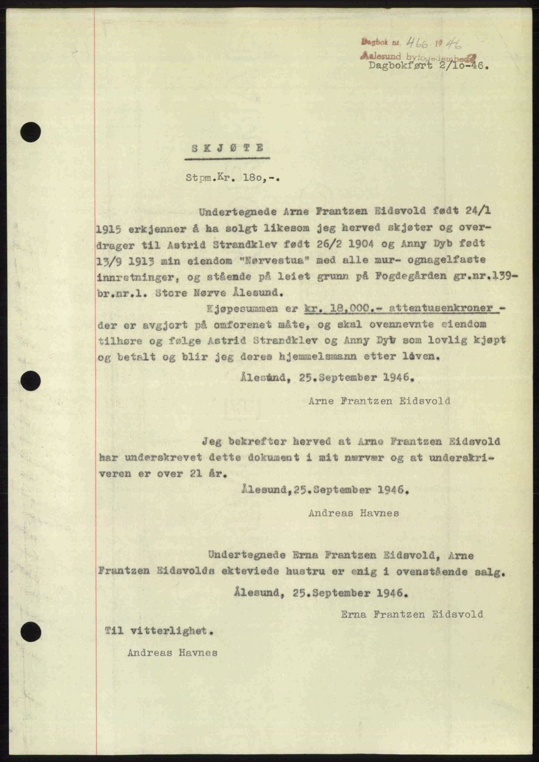 Ålesund byfogd, AV/SAT-A-4384: Pantebok nr. 36b, 1946-1947, Dagboknr: 466/1946