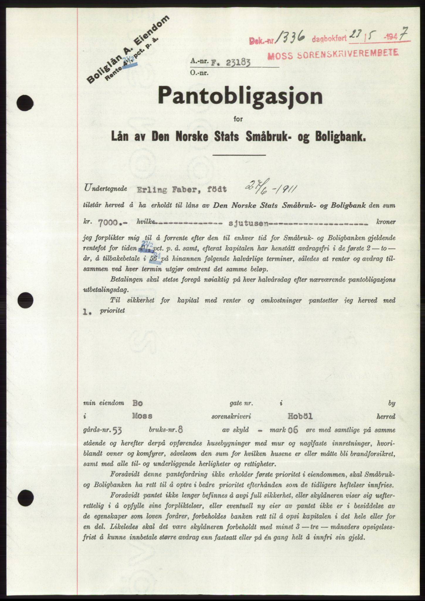 Moss sorenskriveri, SAO/A-10168: Pantebok nr. B17, 1947-1947, Dagboknr: 1336/1947