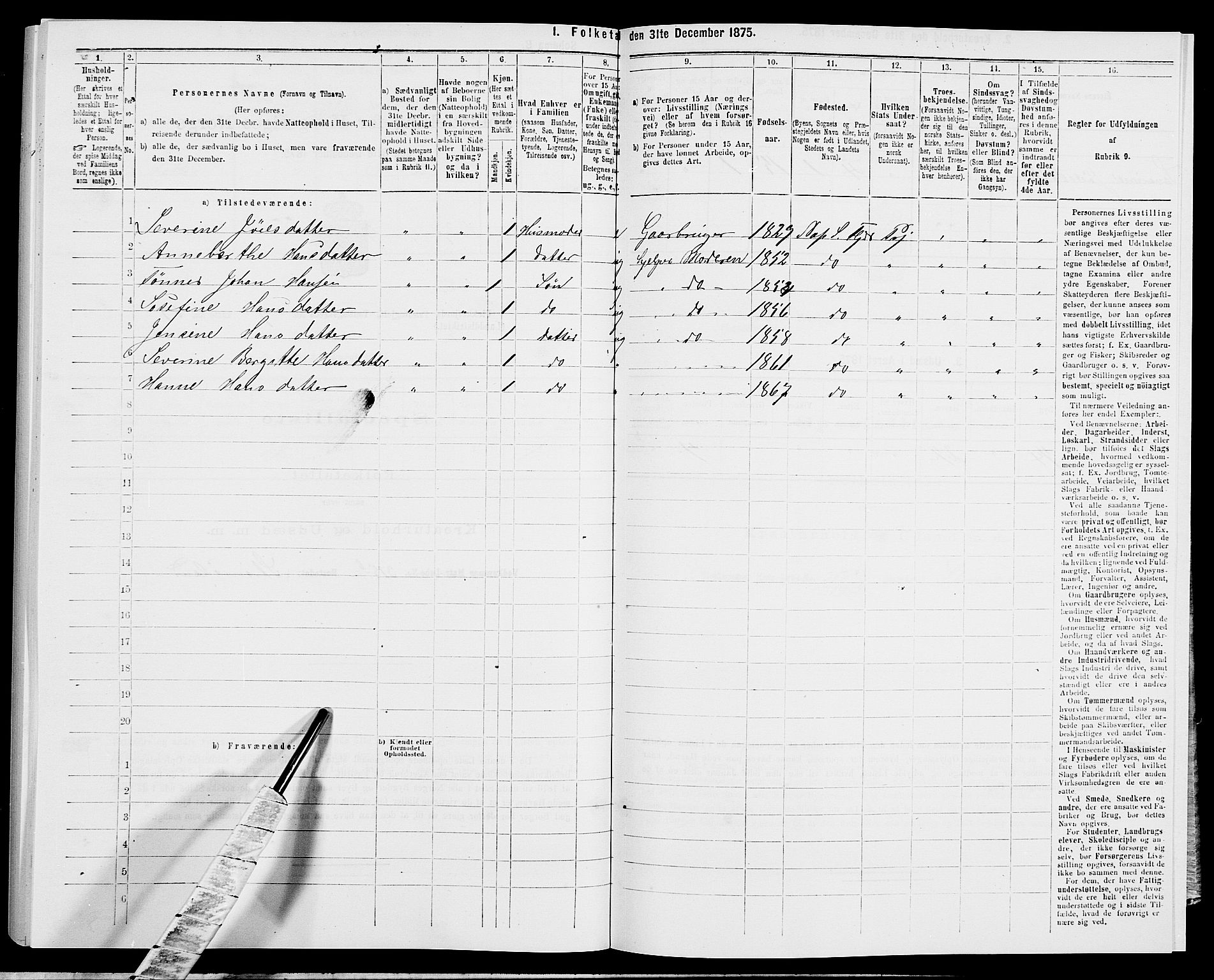 SAK, Folketelling 1875 for 1042L Flekkefjord prestegjeld, Nes sokn og Hidra sokn, 1875, s. 1212