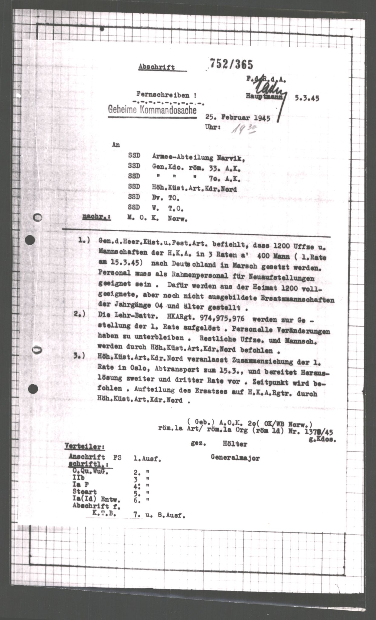 Forsvarets Overkommando. 2 kontor. Arkiv 11.4. Spredte tyske arkivsaker, AV/RA-RAFA-7031/D/Dar/Dara/L0007: Krigsdagbøker for 20. Gebirgs-Armee-Oberkommando (AOK 20), 1945, s. 627