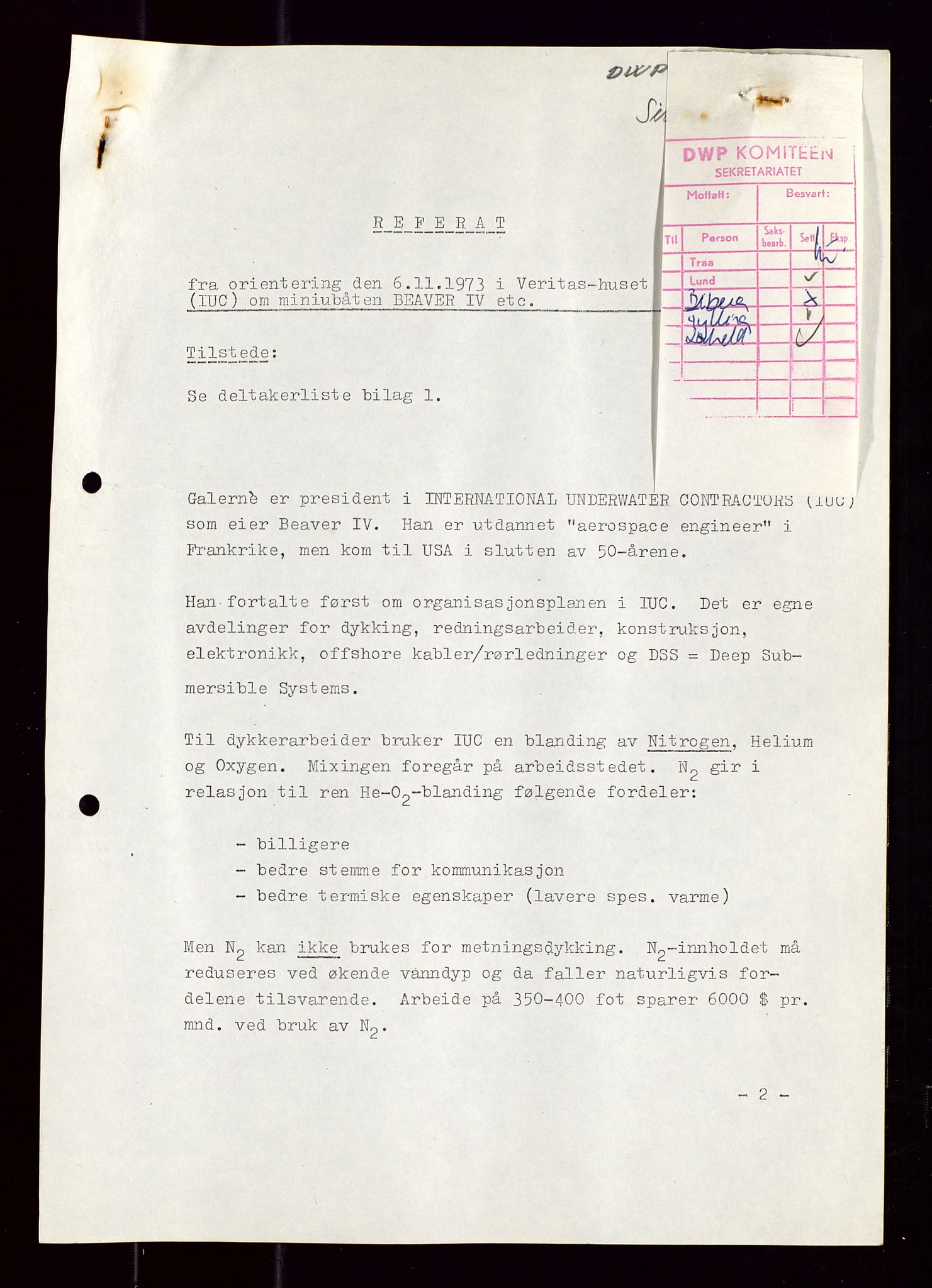 Industridepartementet, Oljekontoret, AV/SAST-A-101348/Di/L0001: DWP, møter juni - november, komiteemøter nr. 19 - 26, 1973-1974, s. 404