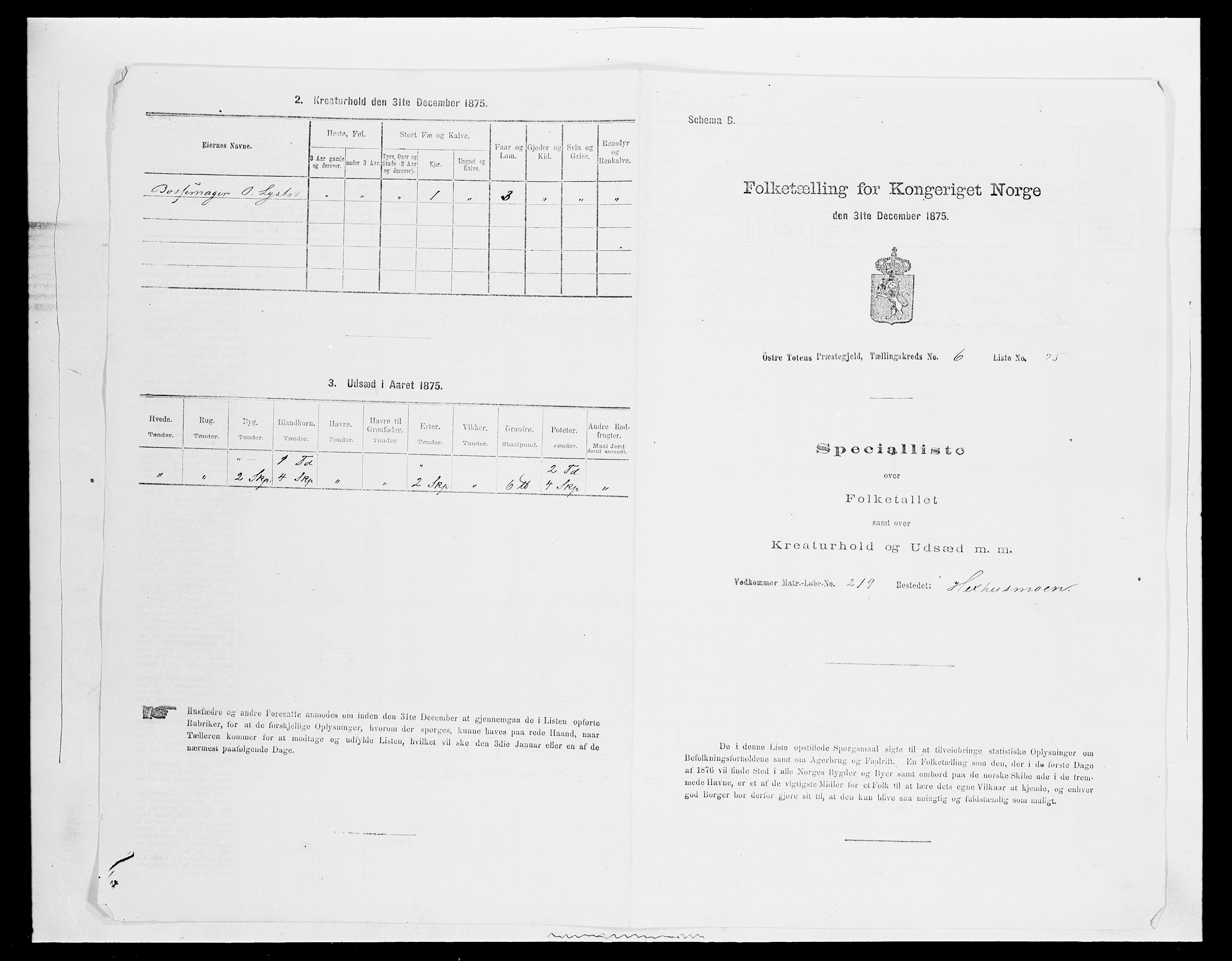 SAH, Folketelling 1875 for 0528P Østre Toten prestegjeld, 1875, s. 1288