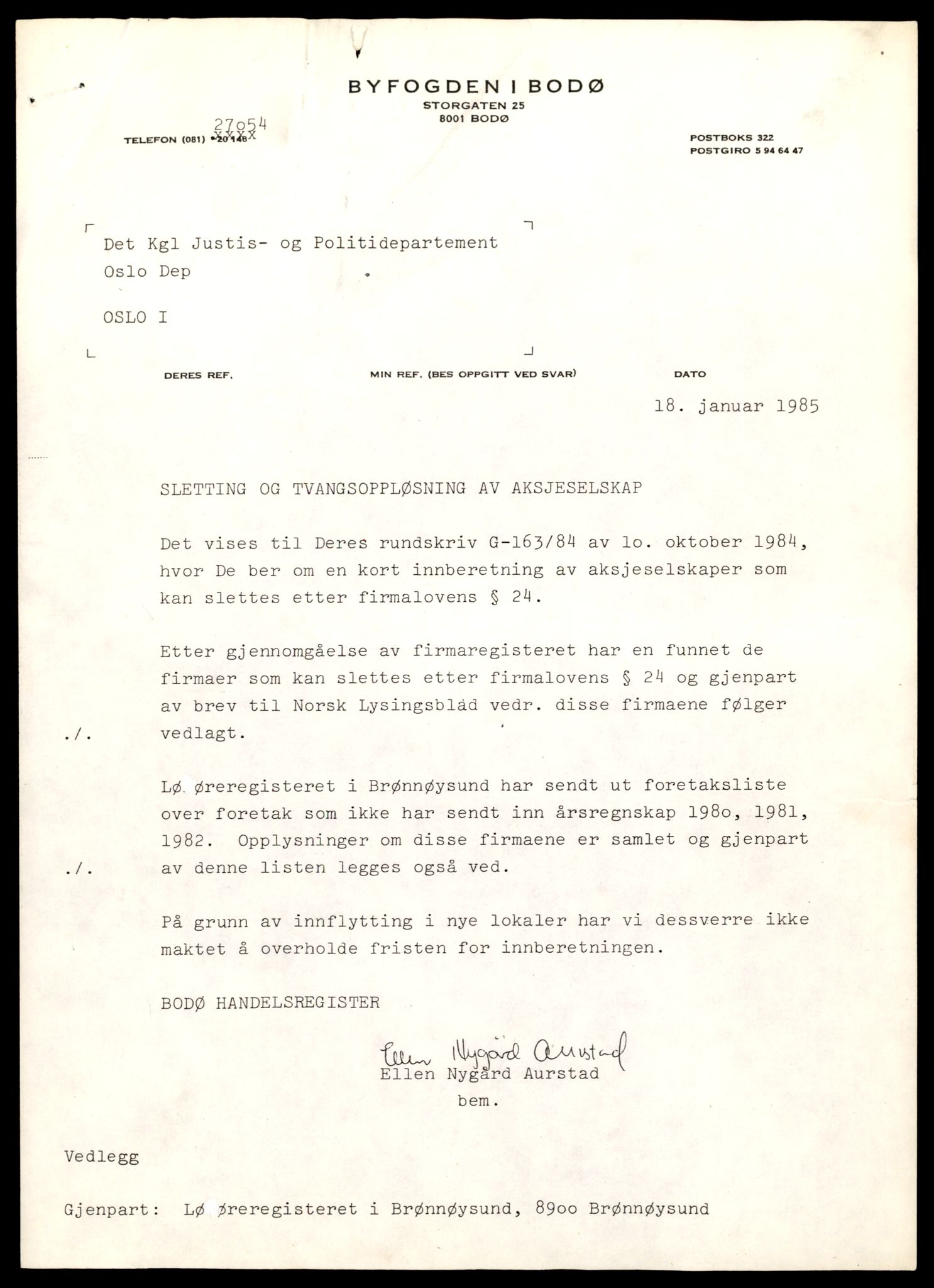 Bodø sorenskriveri, SAT/A-0022/3/J/Jd/Jdb/L0001: Bilag. Foretak slettet etter Firmalovens § 24 og Konkursaksjelovens § 13-17, 1875-1990, s. 1