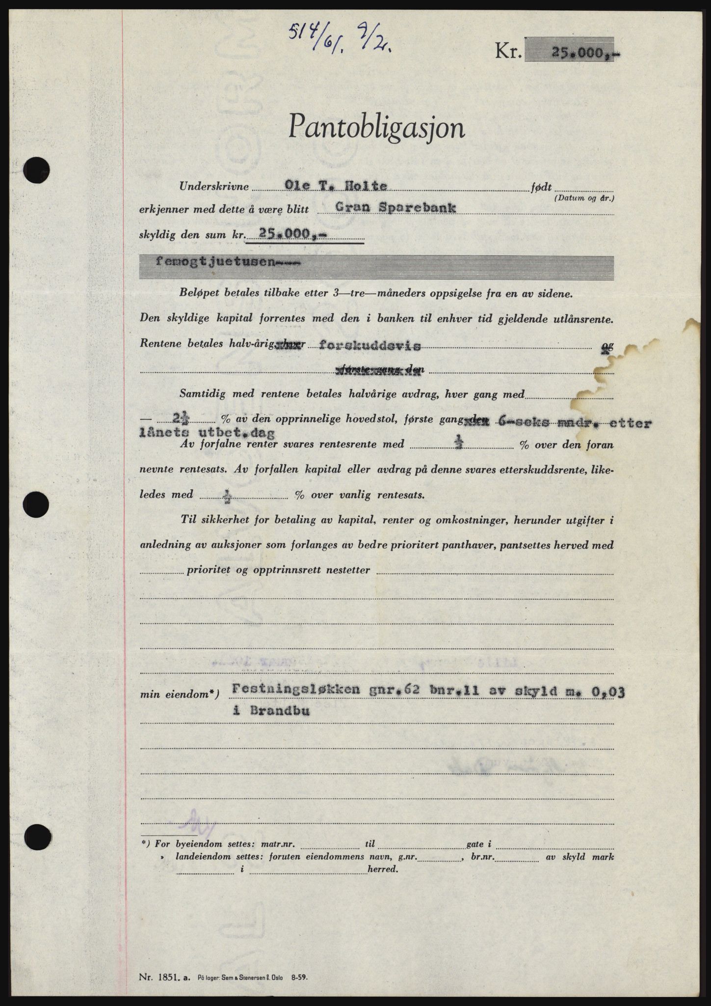 Hadeland og Land tingrett, SAH/TING-010/H/Hb/Hbc/L0045: Pantebok nr. B45, 1961-1961, Dagboknr: 514/1961